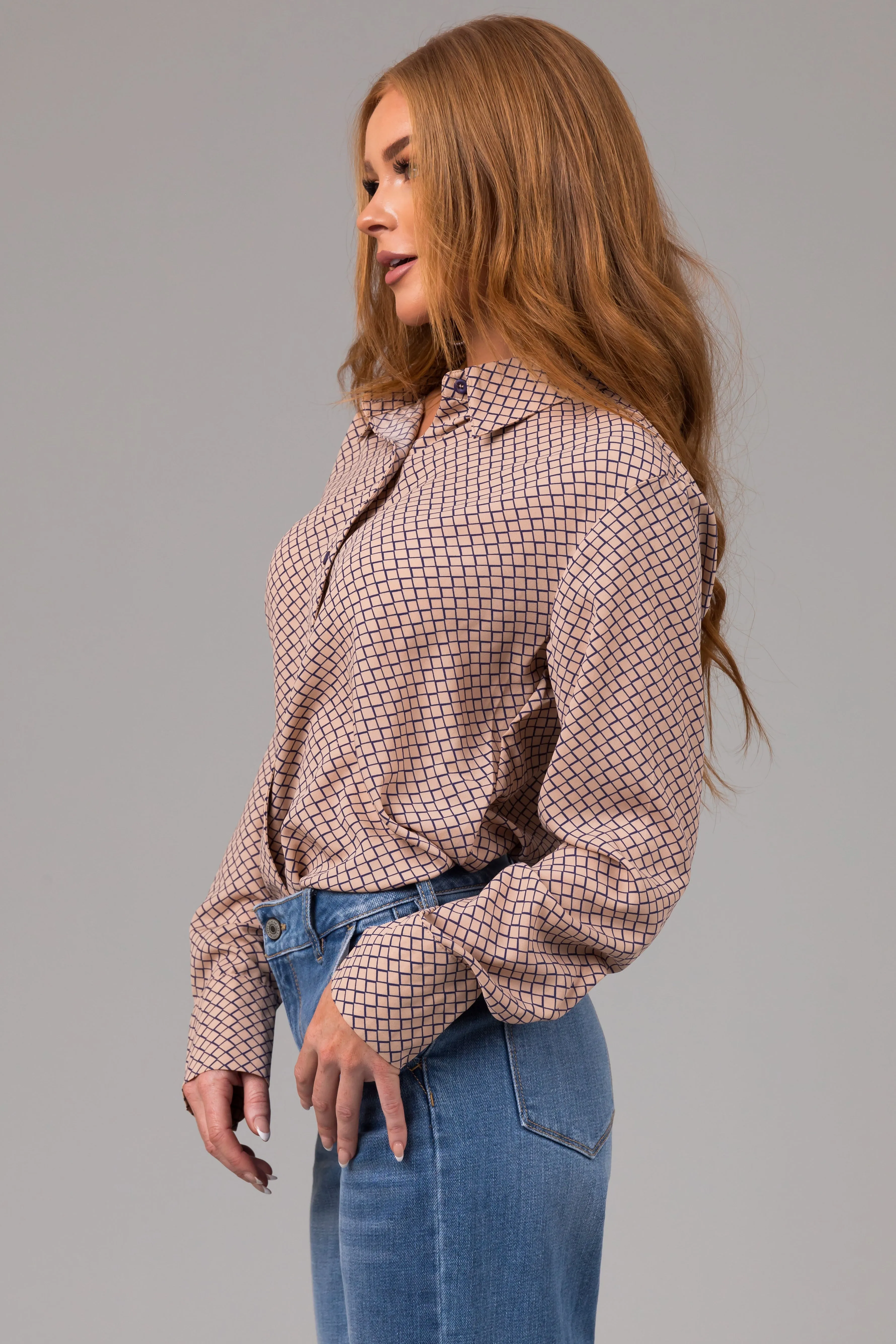 Latte and Navy Honeycomb Patterned Blouse sold by Lime Lush product image thumbnail 4