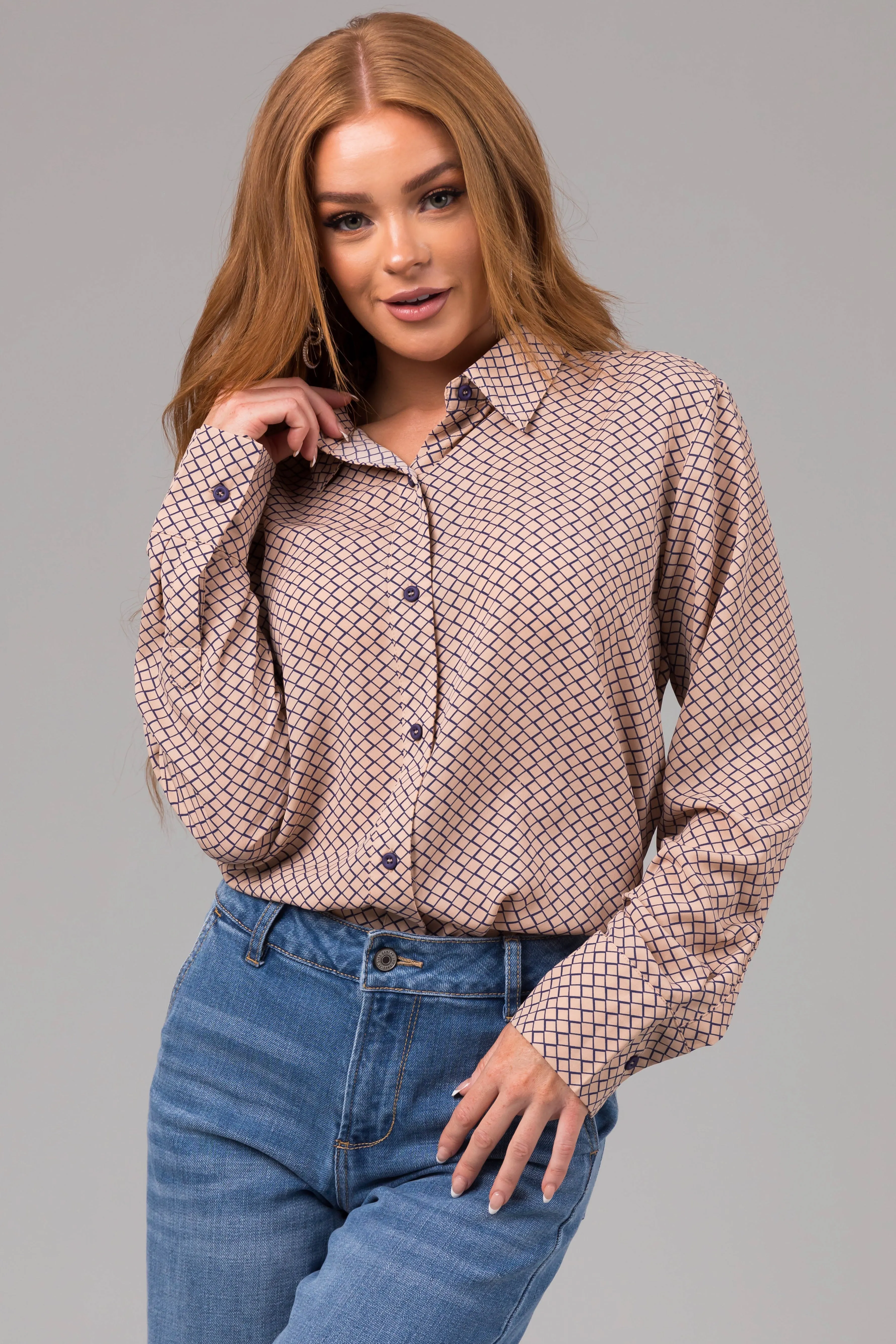 Latte and Navy Honeycomb Patterned Blouse sold by Lime Lush