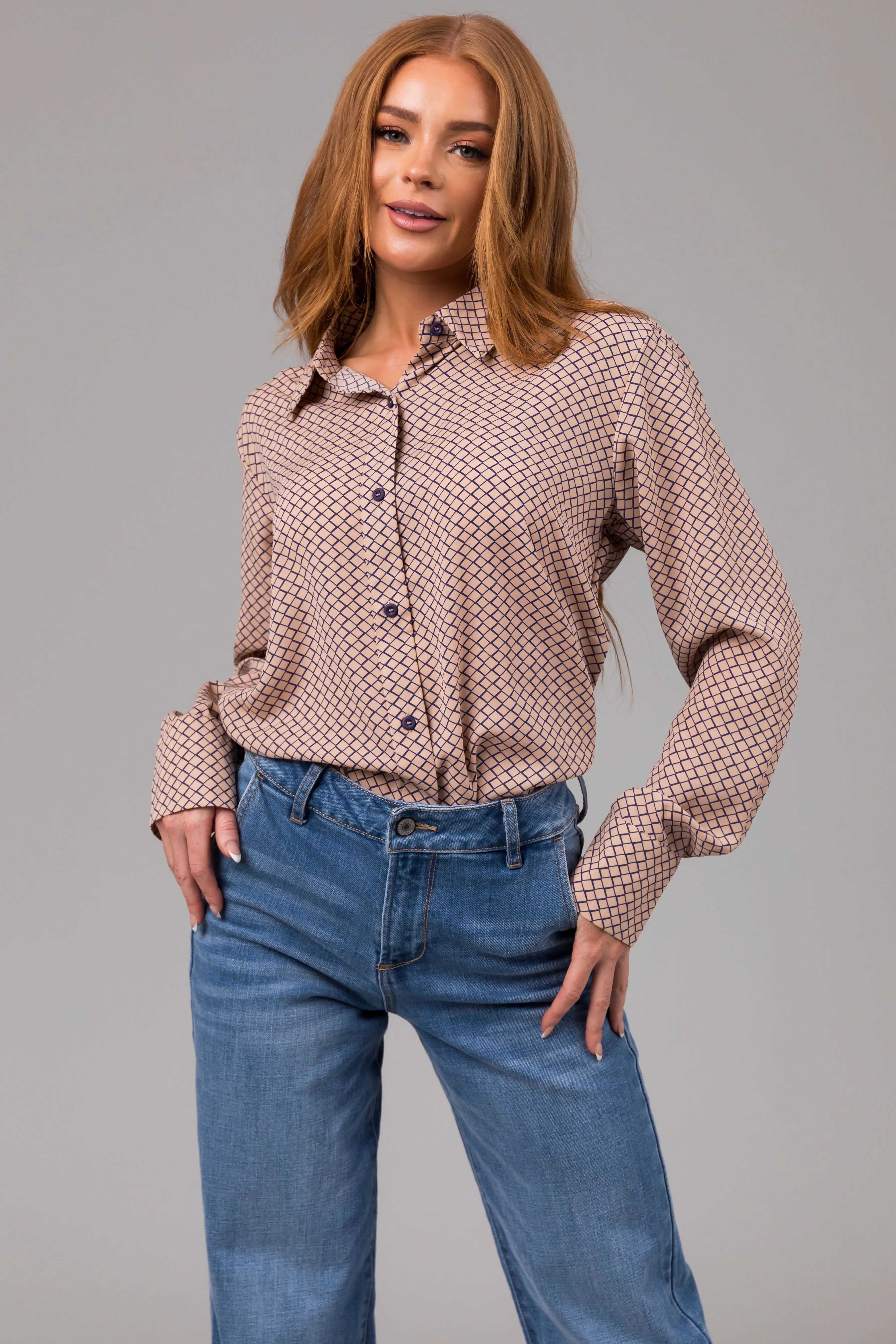 Latte and Navy Honeycomb Patterned Blouse sold by Lime Lush product image thumbnail 2