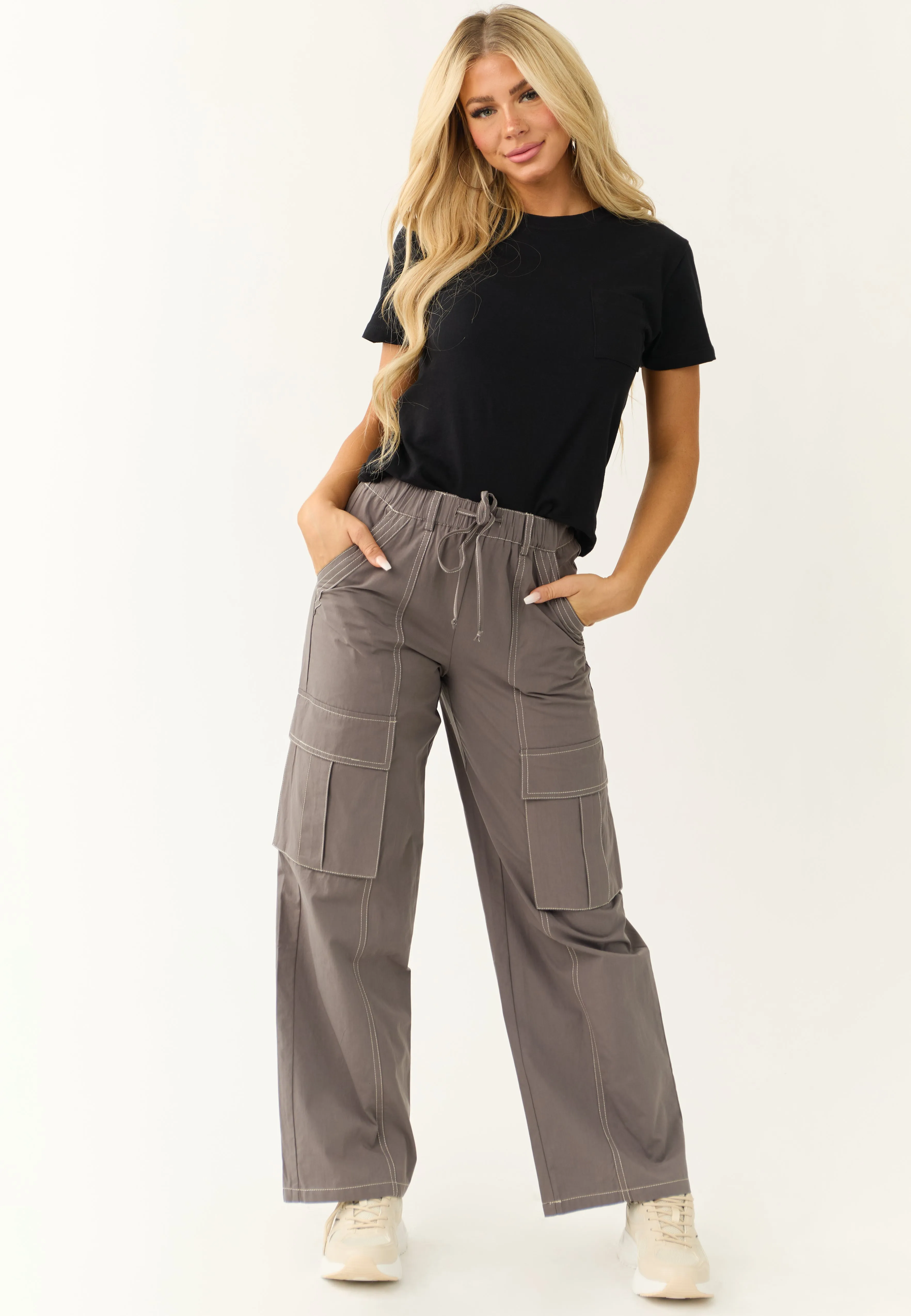 Graphite Exposed Seam Wide Leg Cargo Pants sold by Lime Lush