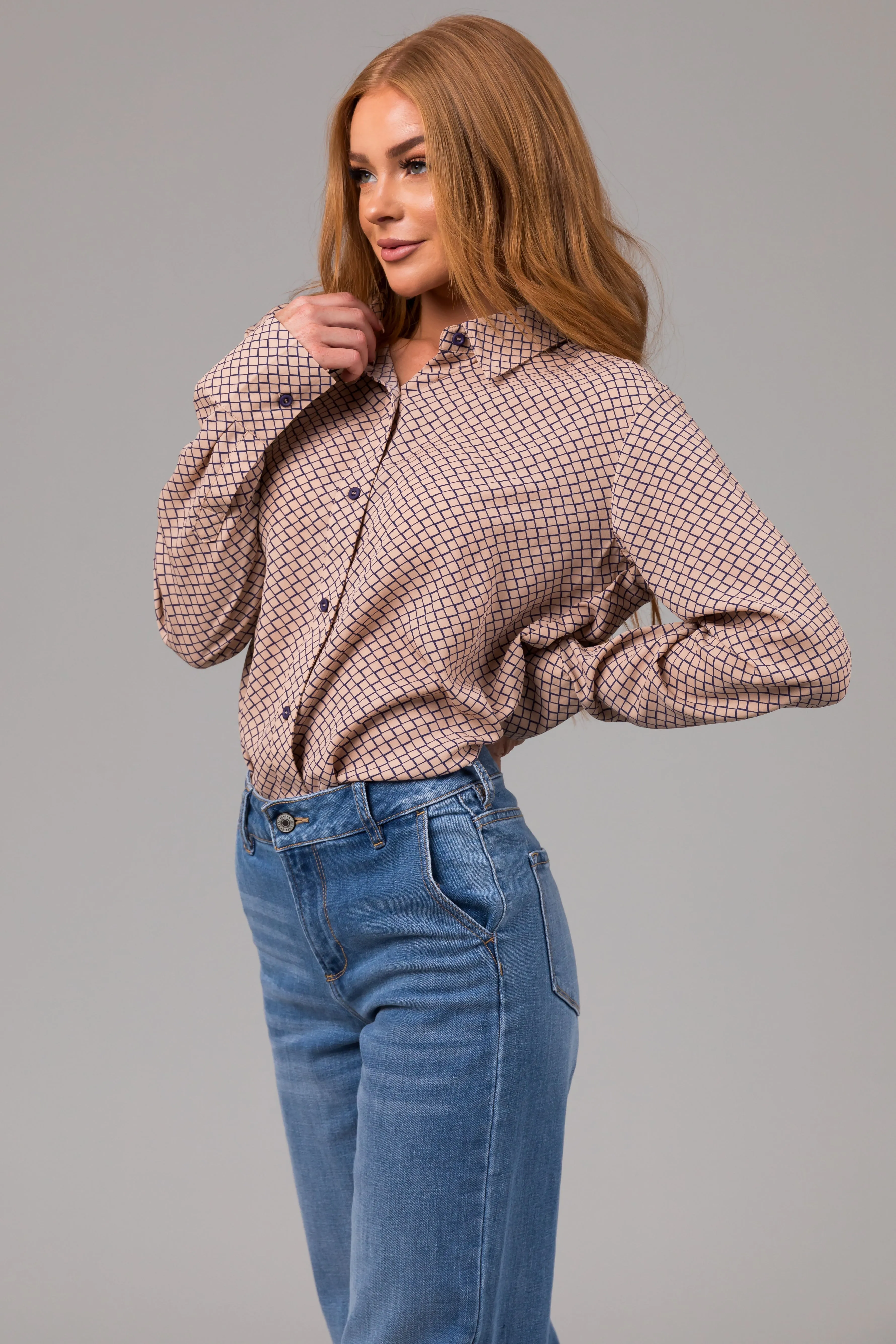 Latte and Navy Honeycomb Patterned Blouse sold by Lime Lush product image thumbnail 3
