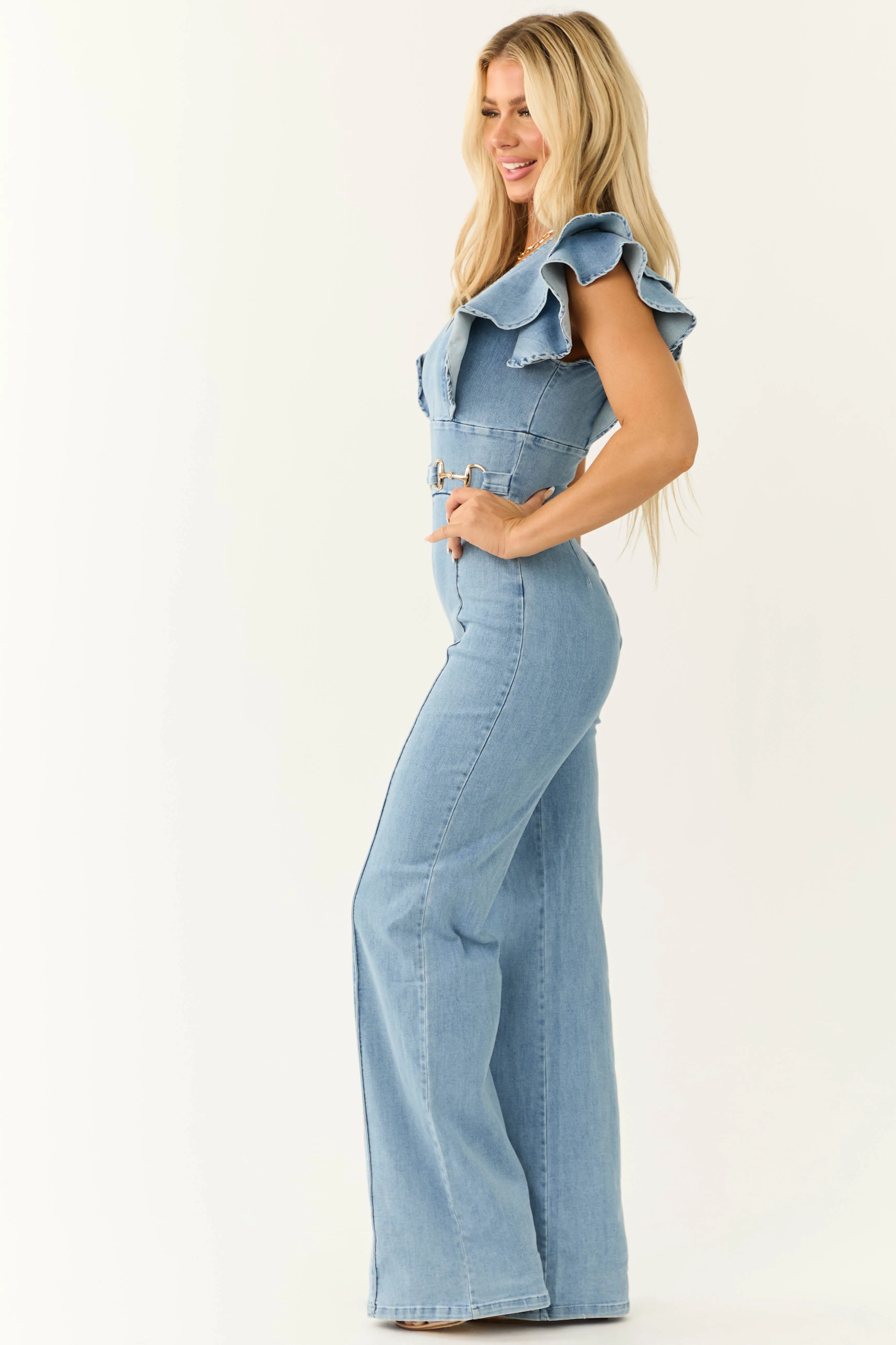 Light Wash Denim Belt Detail V Neck Jumpsuit sold by Lime Lush product image thumbnail 4