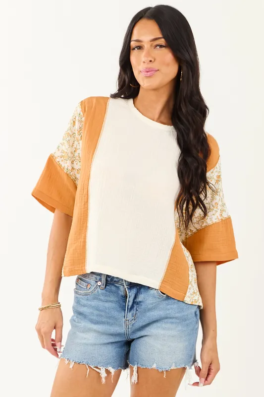 Cream Floral Colorblock Relaxed Cotton Gauze Top sold by Lime Lush