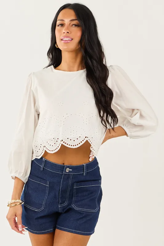 Off White Eyelet Long Sleeve Cotton Crop Top sold by Lime Lush