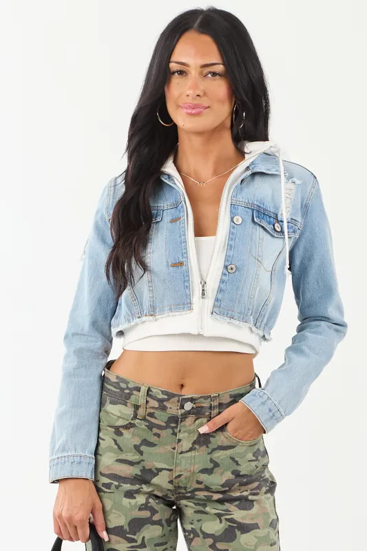 Medium Denim Crop Jacket with Inner Zip Up Hoodie sold by Lime Lush