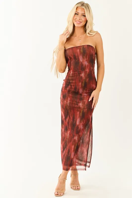 Cherry Abstract Print Mesh Strapless Midi Dress sold by Lime Lush