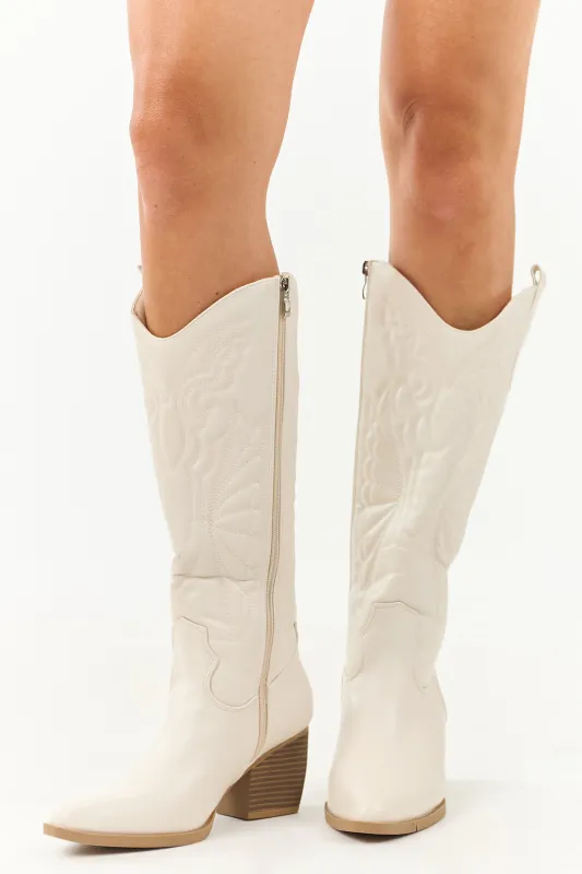 Ivory Faux Leather Tall Block Heel Cowboy Boots sold by Lime Lush