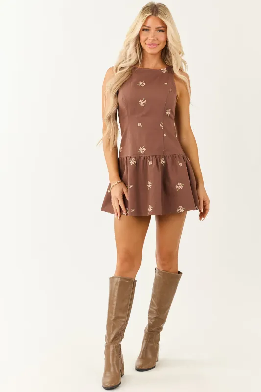 Chestnut Denim Floral Embroidered Drop Waist Mini Dress sold by Lime Lush