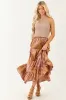 Khaki Scarf Print Satin Tiered Maxi Skirt sold by Lime Lush