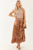 Khaki Scarf Print Satin Tiered Maxi Skirt sold by Lime Lush