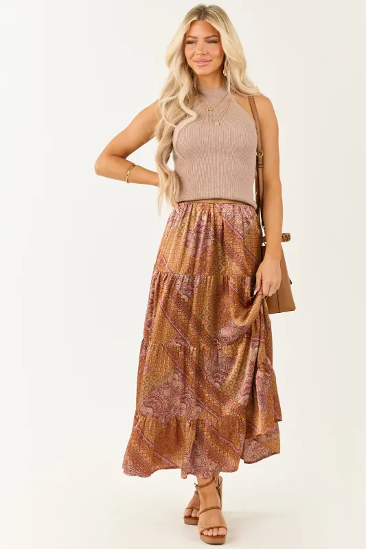 Khaki Scarf Print Satin Tiered Maxi Skirt sold by Lime Lush