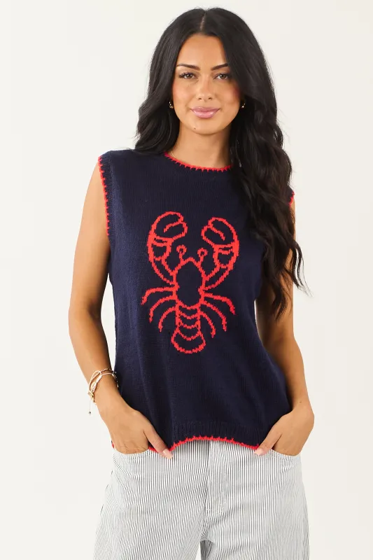 Navy Lobster Graphic Round Neck Knit Tank Top sold by Lime Lush
