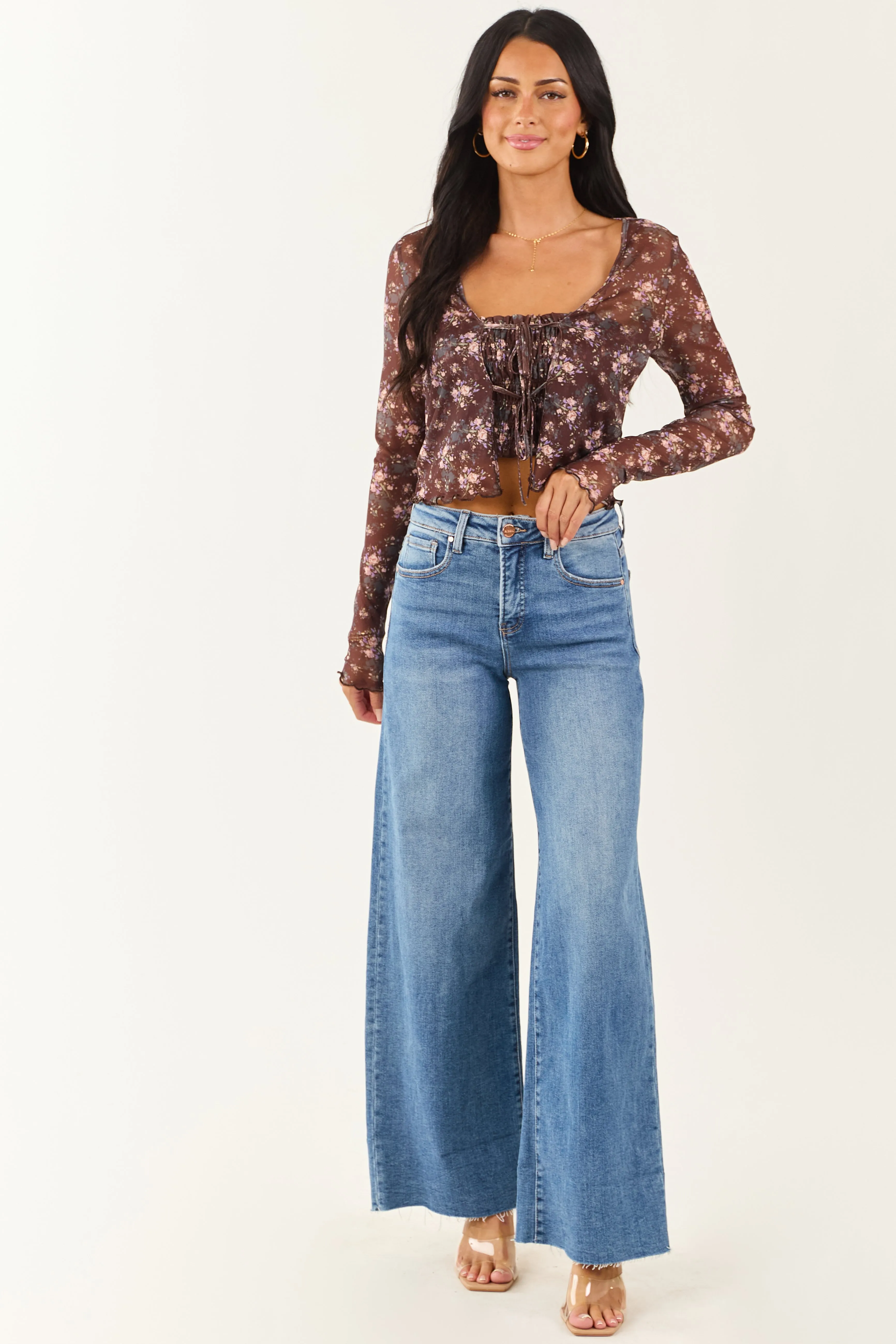 Cocoa Floral Mesh Layered Front Tie Long Sleeve Top sold by Lime Lush product image thumbnail 2