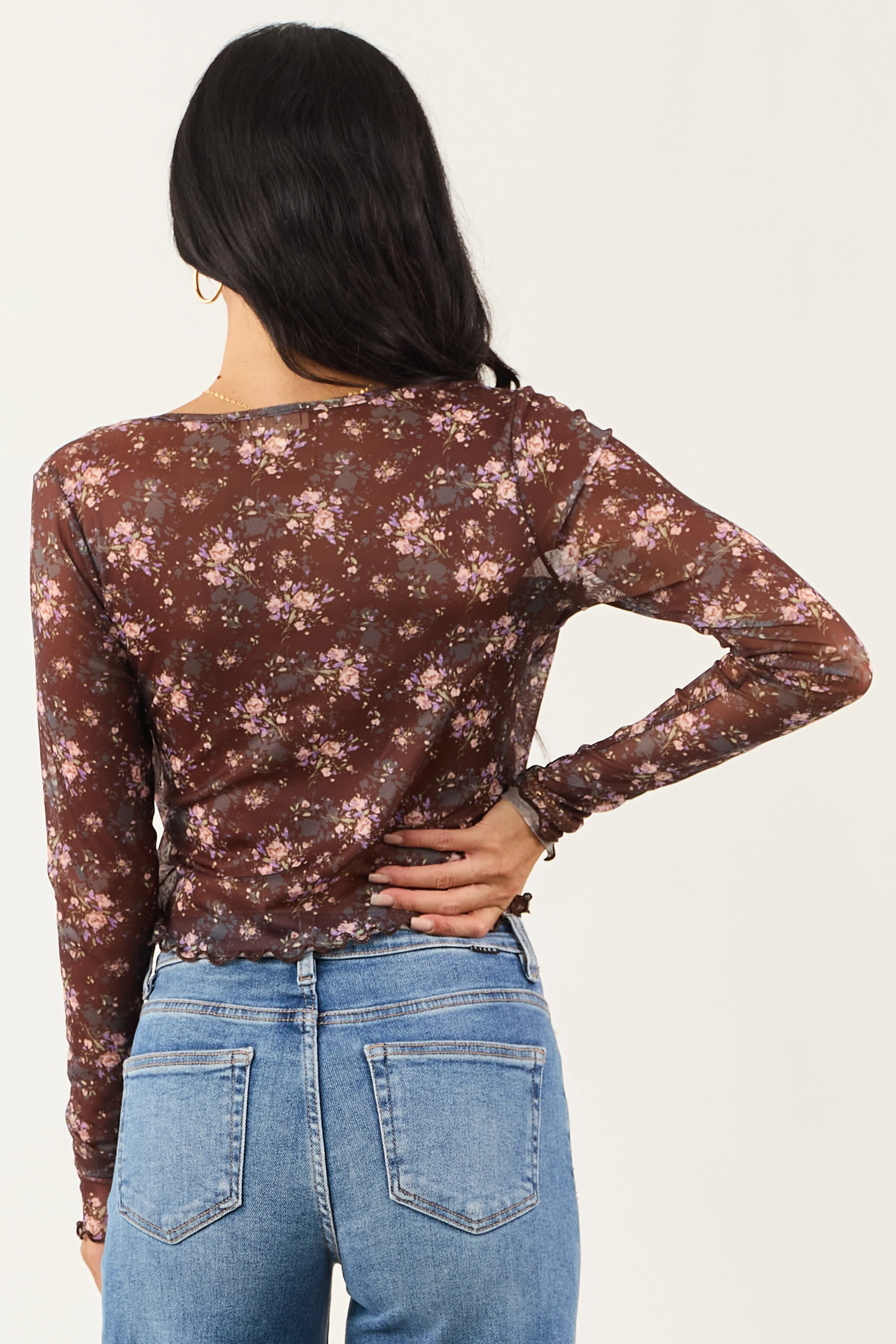 Cocoa Floral Mesh Layered Front Tie Long Sleeve Top sold by Lime Lush product image thumbnail 5