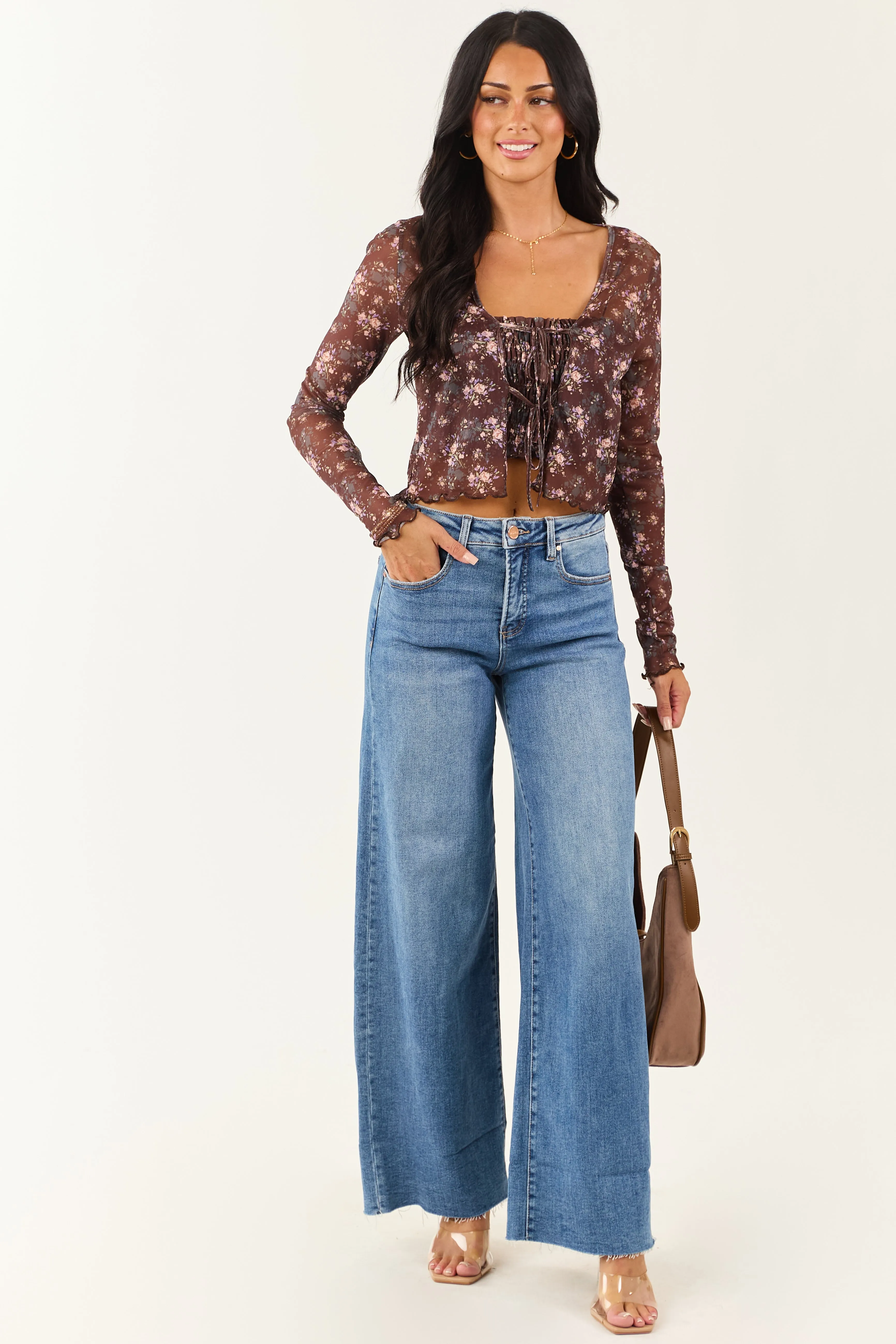 Cocoa Floral Mesh Layered Front Tie Long Sleeve Top sold by Lime Lush product image thumbnail 3
