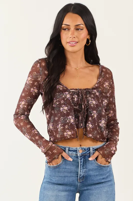 Cocoa Floral Mesh Layered Front Tie Long Sleeve Top sold by Lime Lush