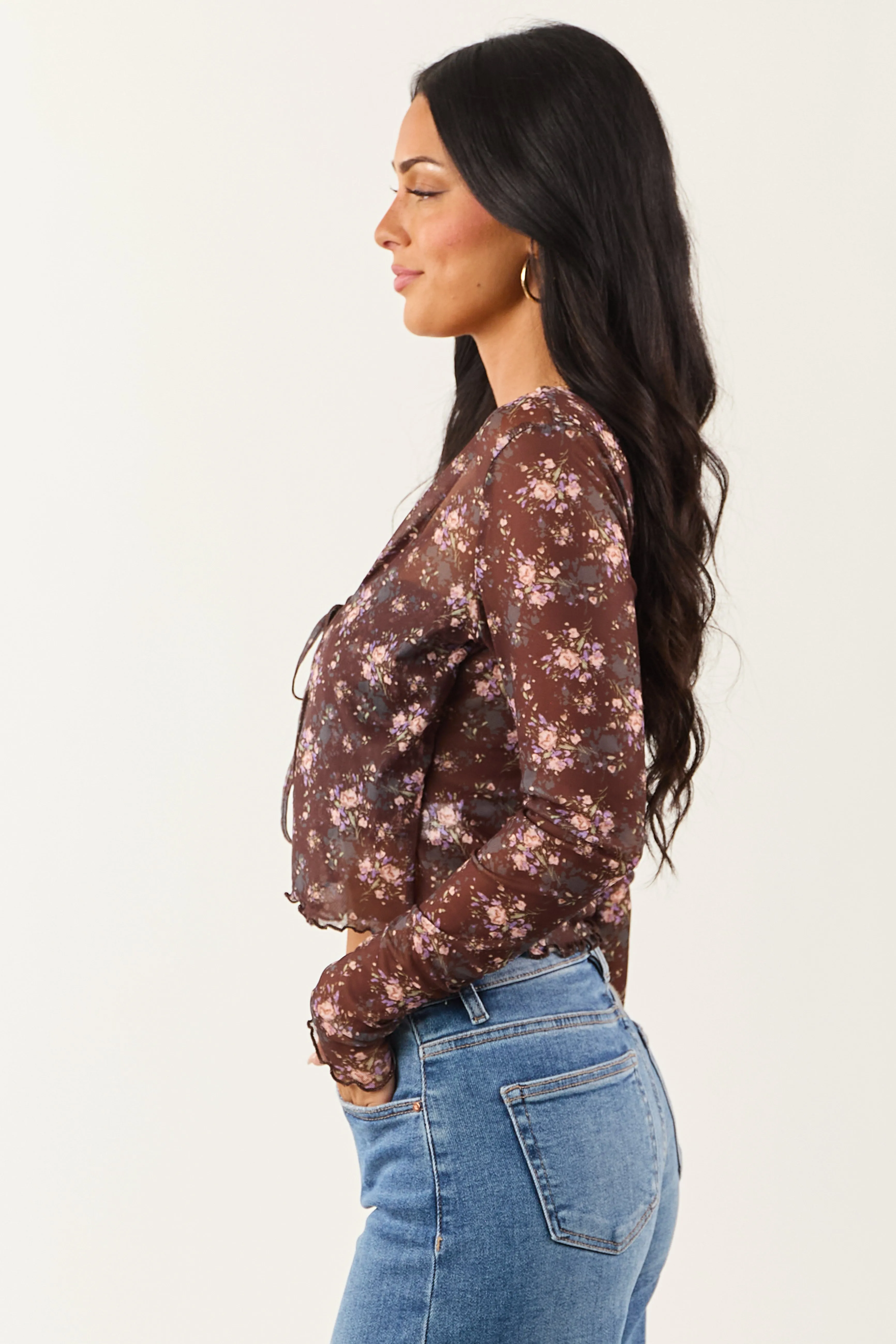 Cocoa Floral Mesh Layered Front Tie Long Sleeve Top sold by Lime Lush product image thumbnail 4
