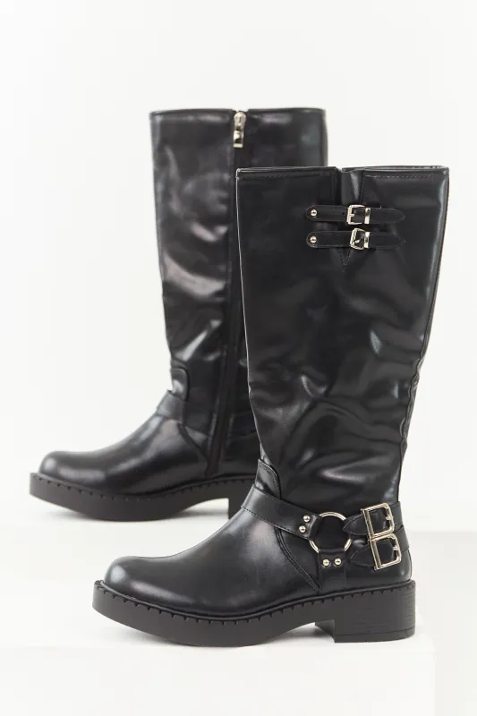 Black Faux Leather Buckle Detail Tall Boots sold by Lime Lush