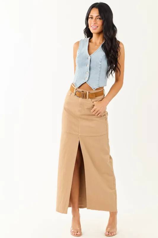 Camel Front Slit Raw Hem Denim Maxi Skirt sold by Lime Lush