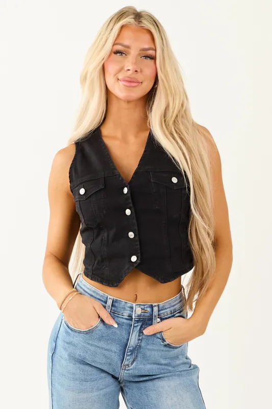 Black Washed Denim Cropped Button Down Vest sold by Lime Lush