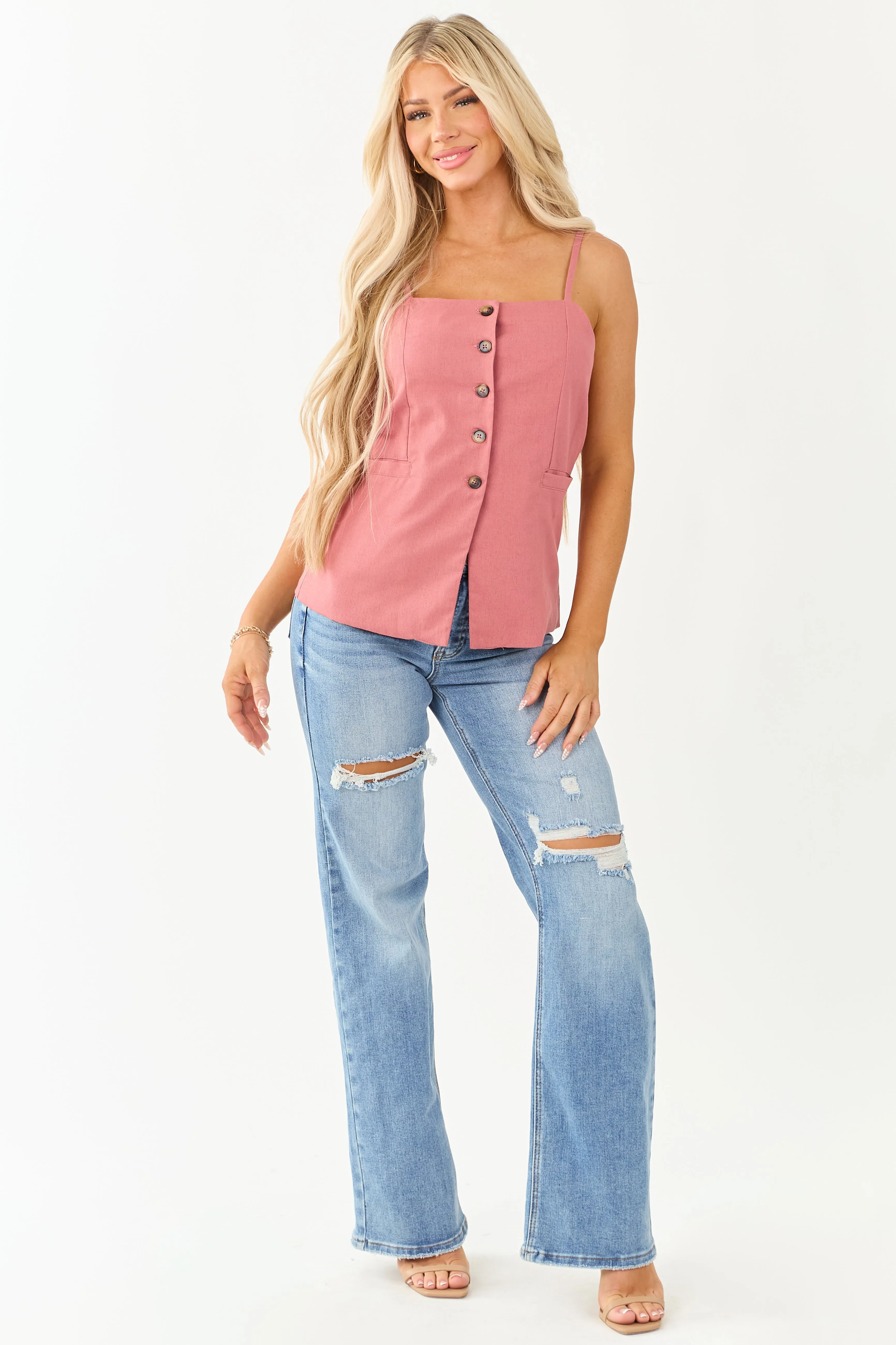 Faded Hibiscus Button Down Linen Blend Tank Top sold by Lime Lush product image thumbnail 2