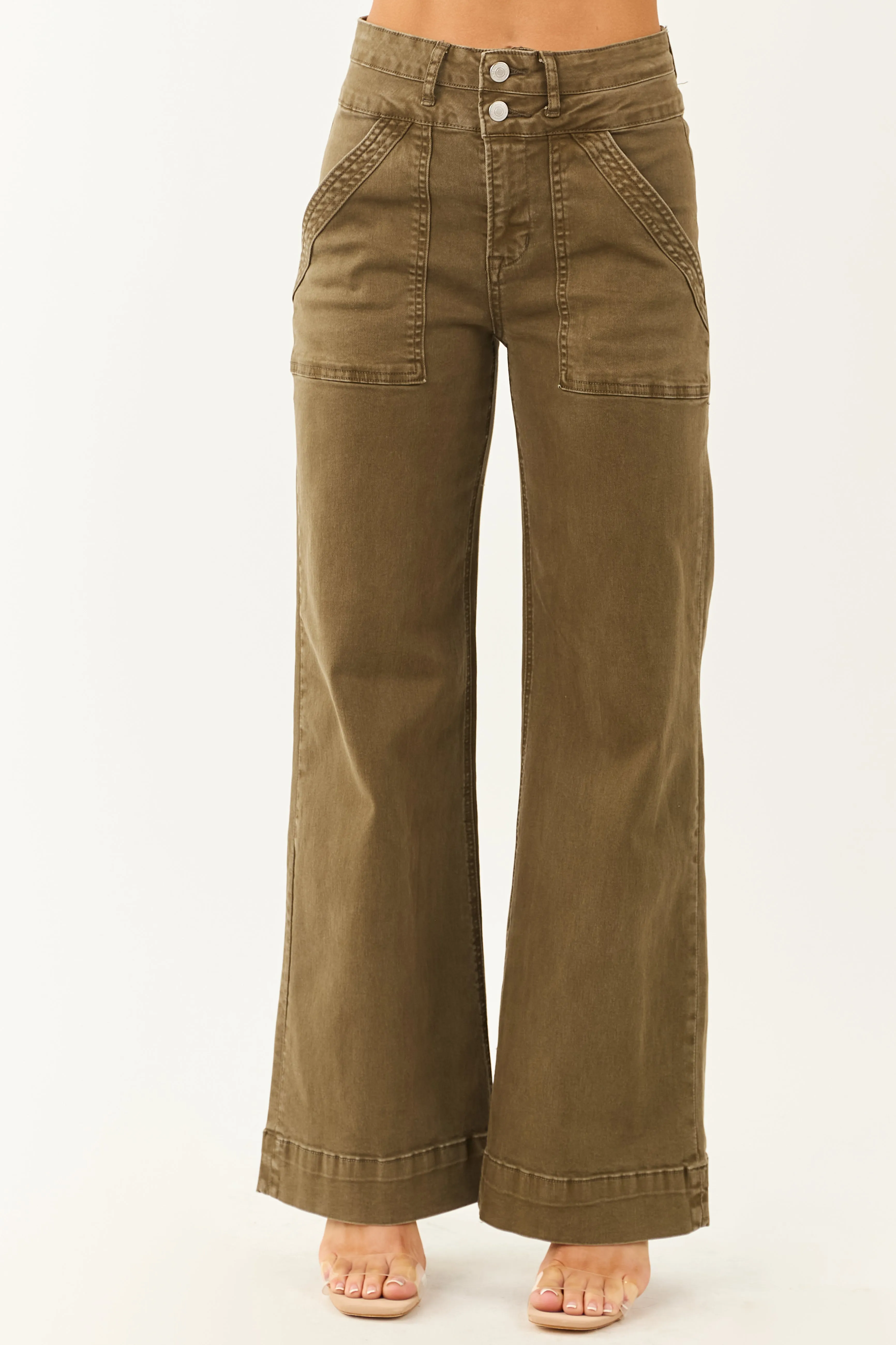 Mica Denim Army Green Wide Leg Stretchy Jeans sold by Lime Lush
