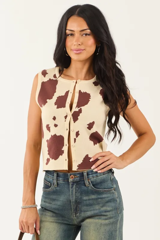 Sand Cow Print Button Down Sweater Tank Top sold by Lime Lush