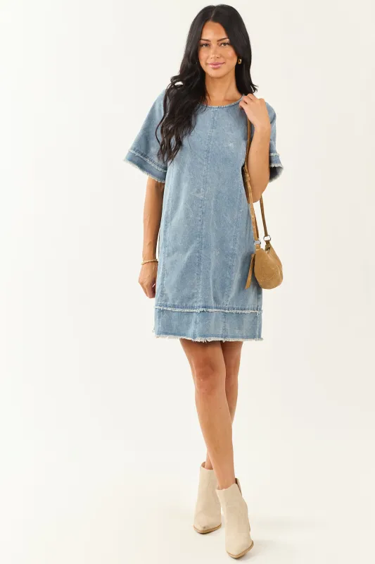 Medium Vintage Wash Denim Frayed Trim Mini Shift Dress sold by Lime Lush