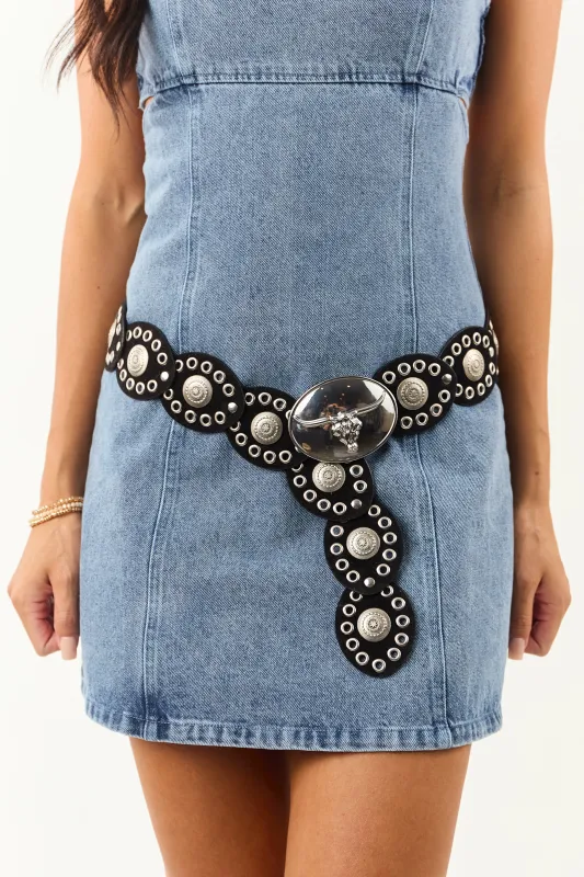 Black Faux Leather Longhorn Buckle Concho Disc Belt sold by Lime Lush