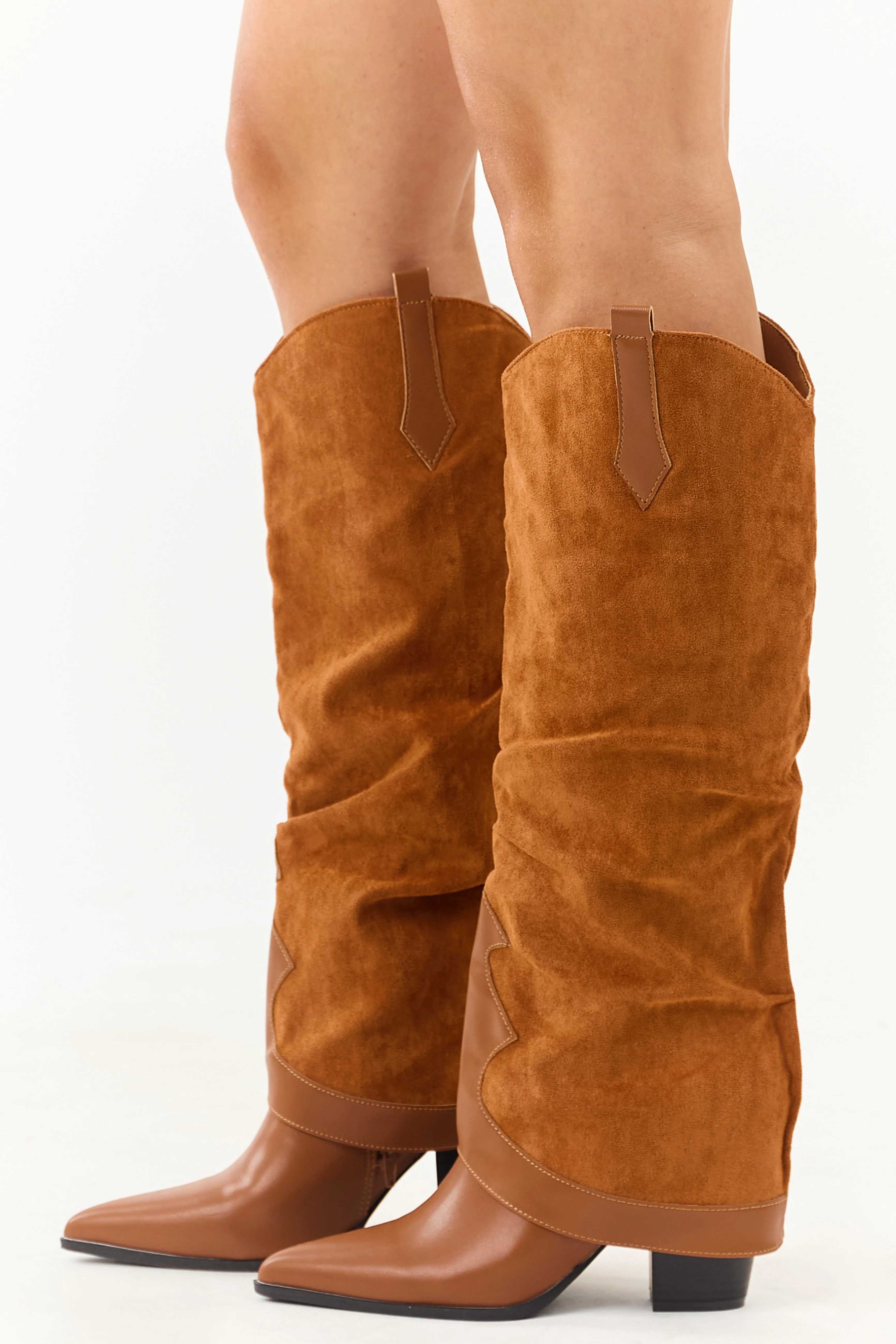 Caramel Faux Suede Overlay Knee High Cowboy Boots sold by Lime Lush product image thumbnail 4