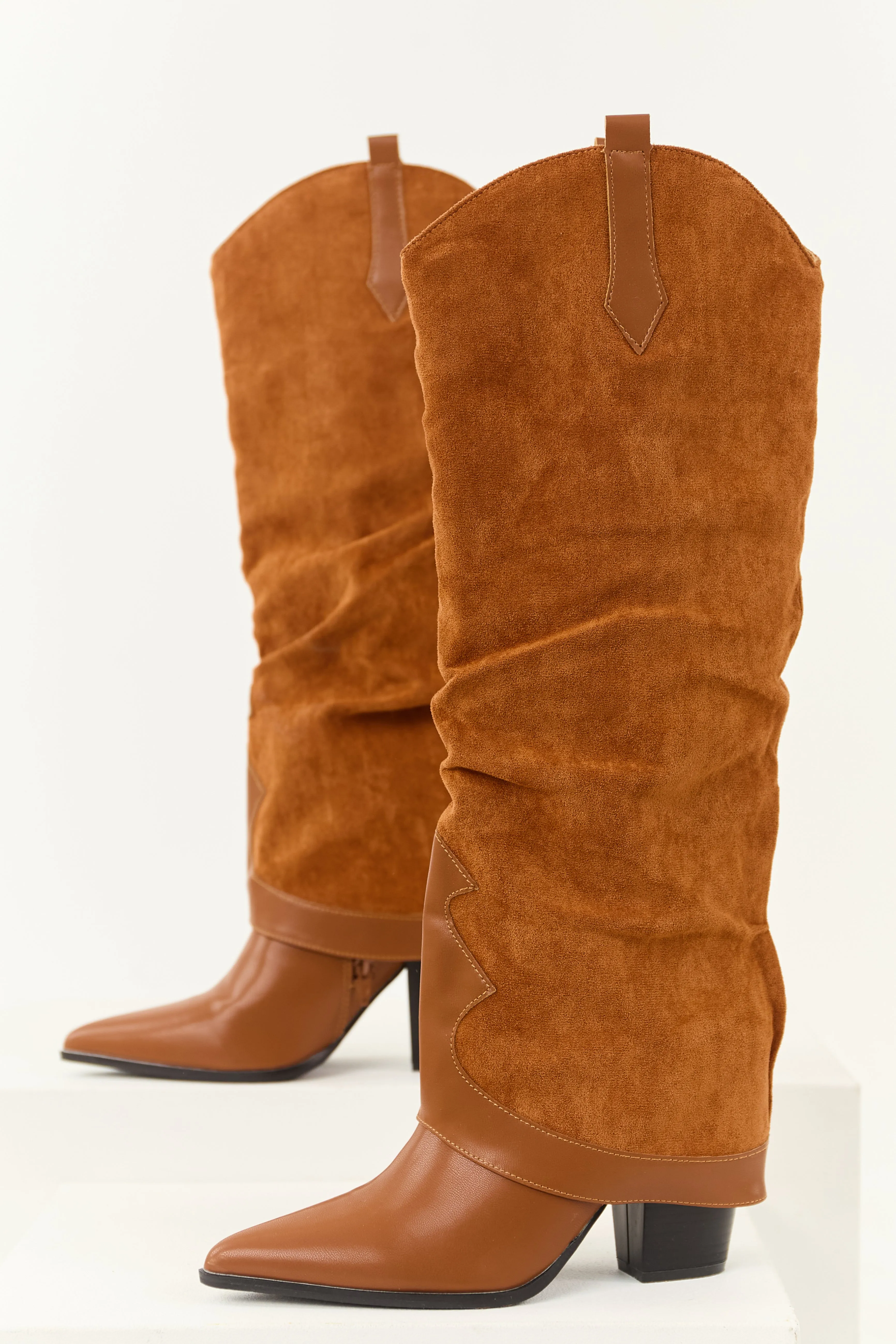 Caramel Faux Suede Overlay Knee High Cowboy Boots sold by Lime Lush