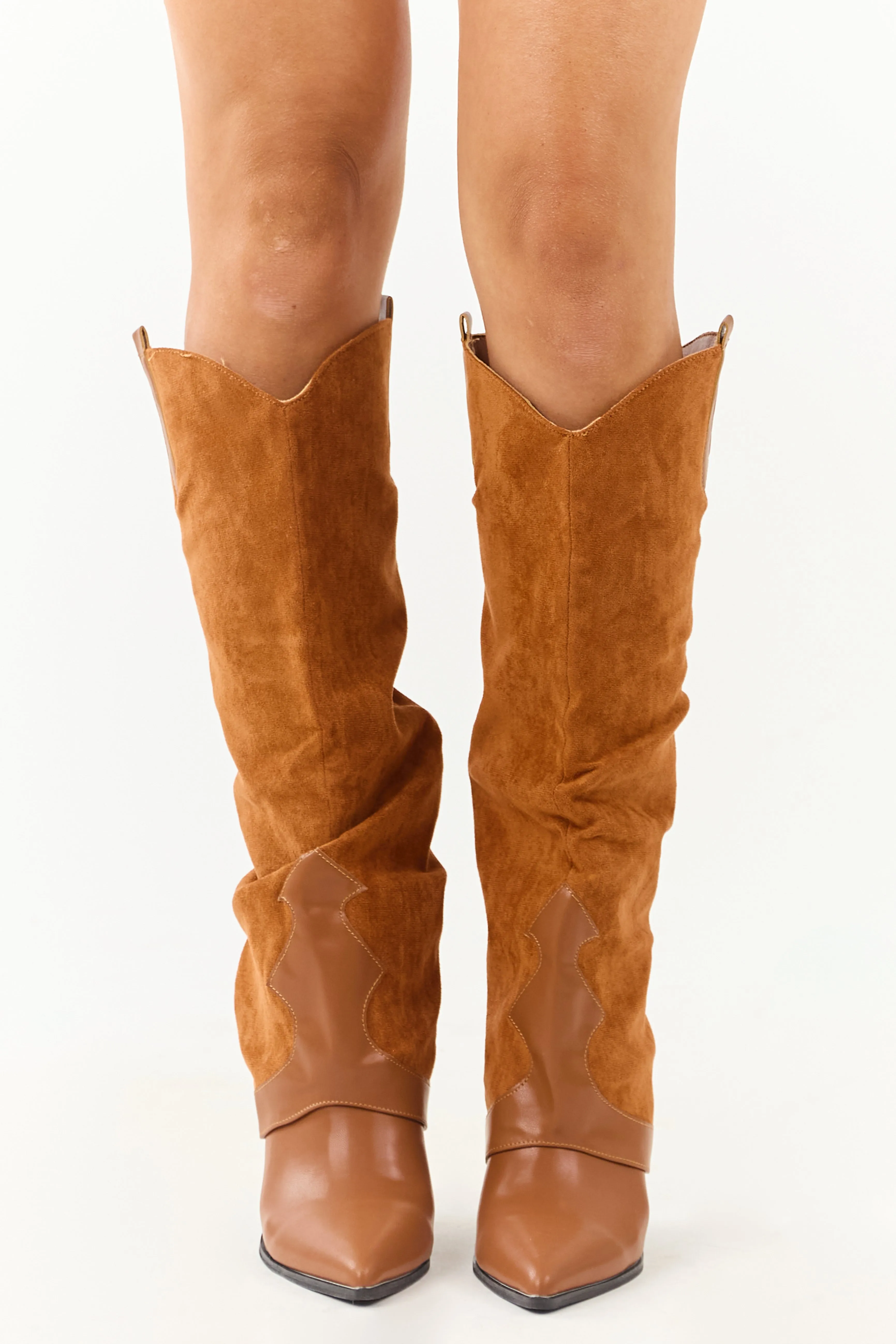 Caramel Faux Suede Overlay Knee High Cowboy Boots sold by Lime Lush product image thumbnail 5