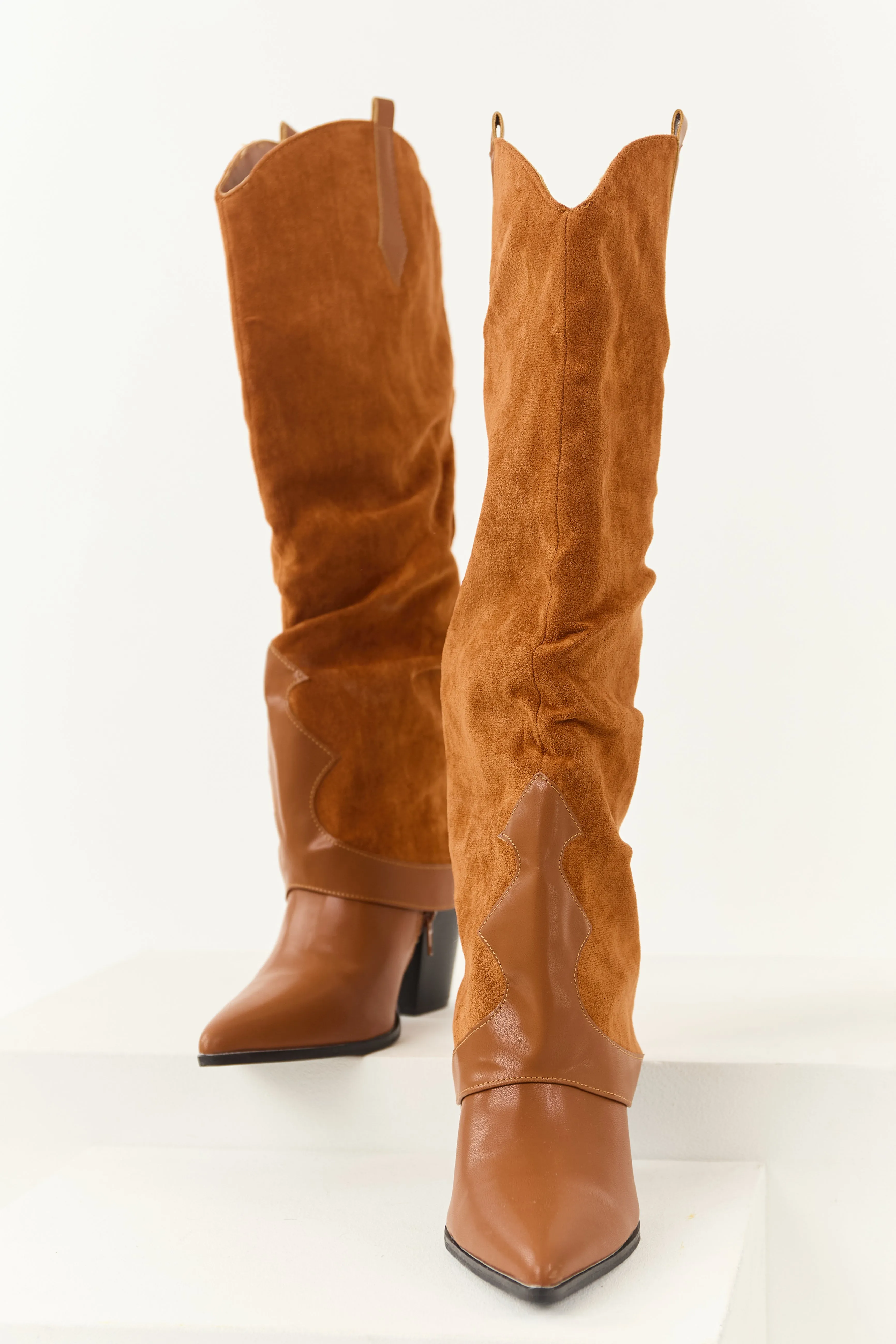 Caramel Faux Suede Overlay Knee High Cowboy Boots sold by Lime Lush product image thumbnail 2