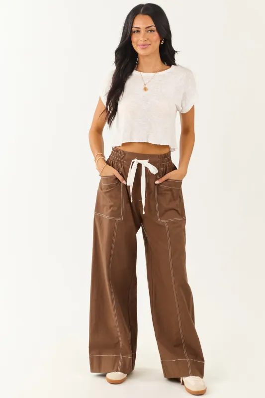 Entro Coffee Drawstring Waist Wide Leg Pants made by entro