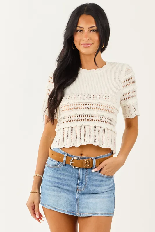 Ivory Ribbed Open Knit Textured Short Sleeve Top sold by Lime Lush