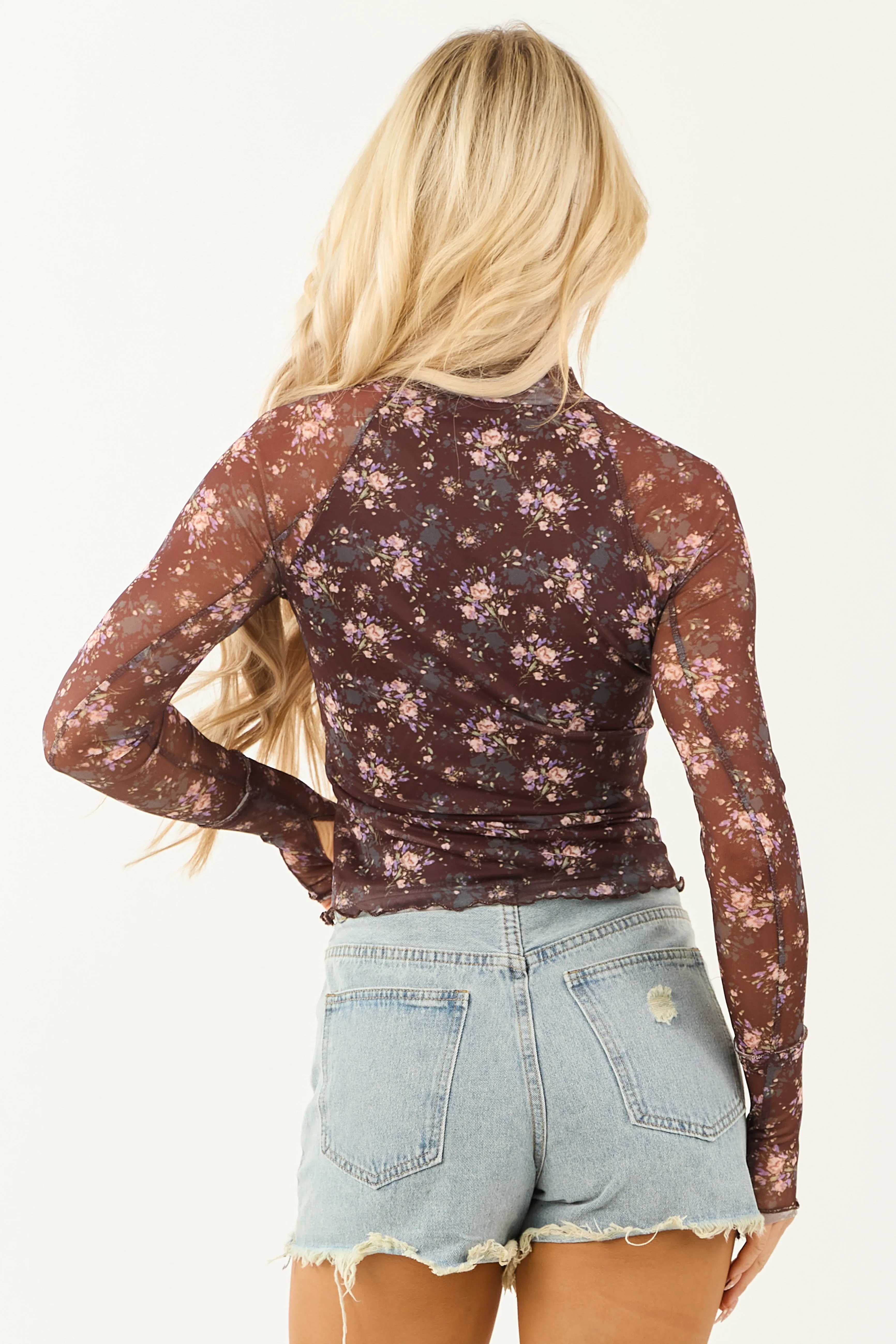 Chocolate Floral Print Long Sleeve Mesh Top sold by Lime Lush product image thumbnail 5