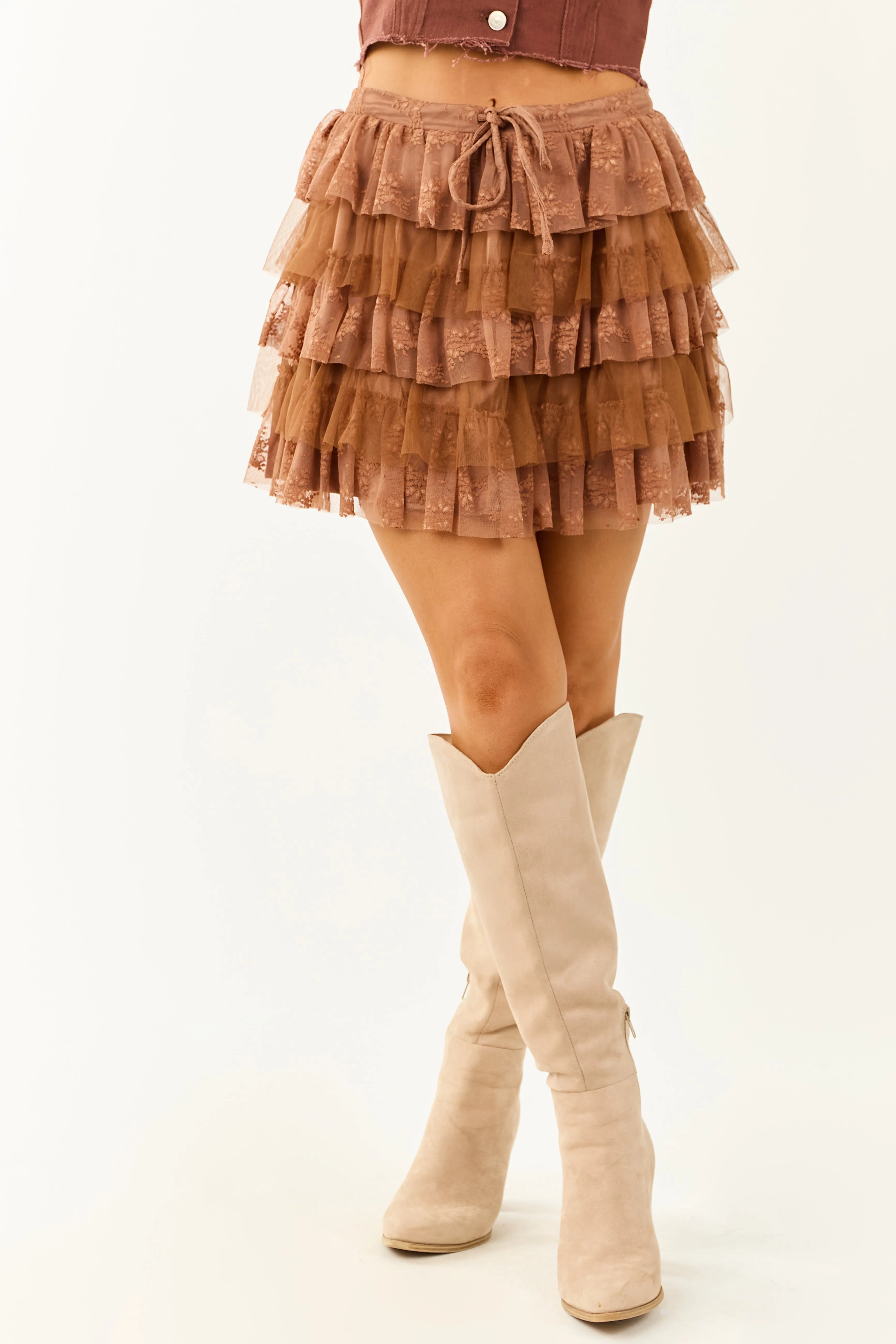 Sepia Lace and Tulle Layered Ruffle Mini Skirt sold by Lime Lush product image thumbnail 2