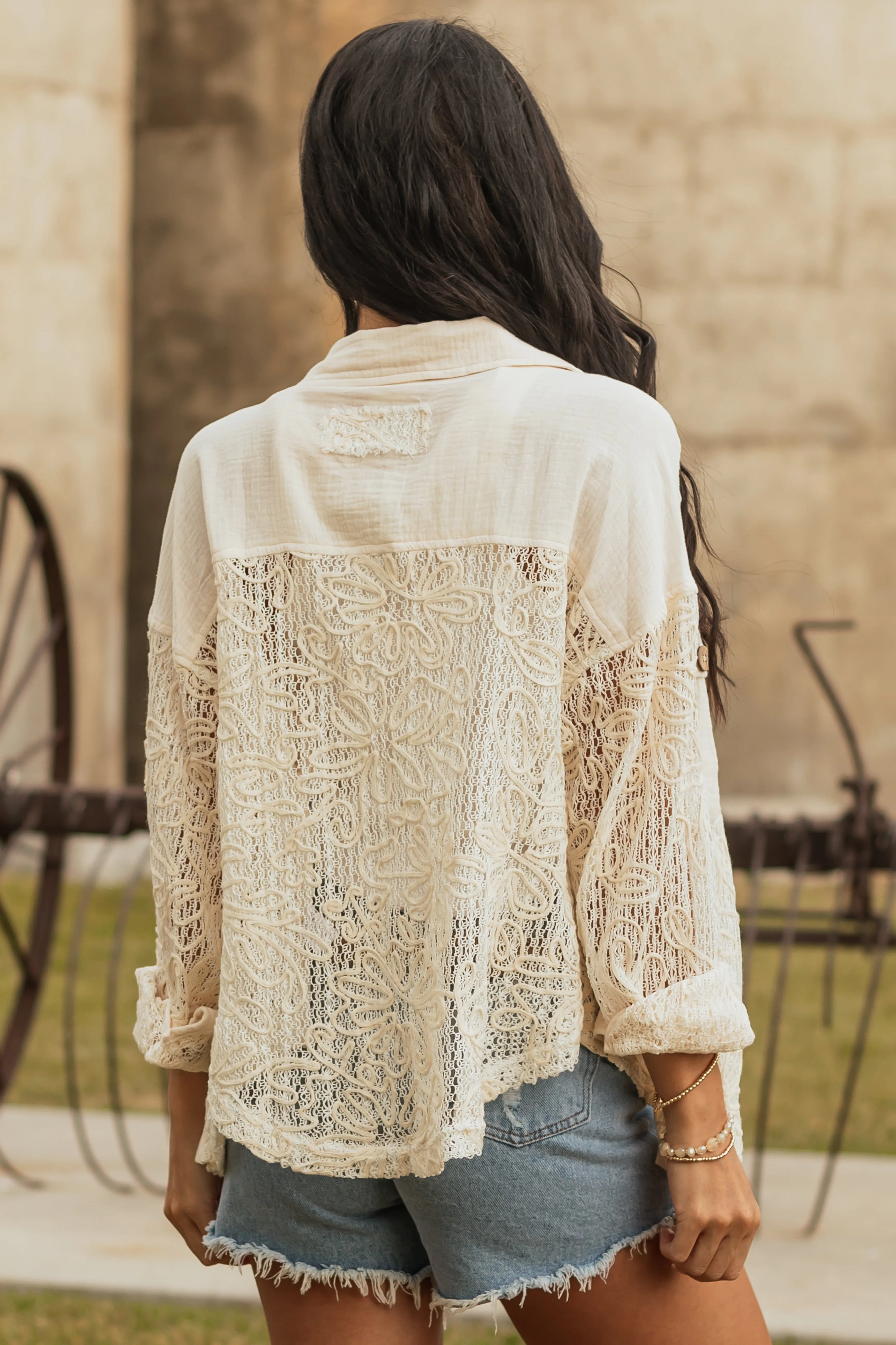 Cream 3D Floral Button Down Open Knit Shacket sold by Lime Lush product image thumbnail 5