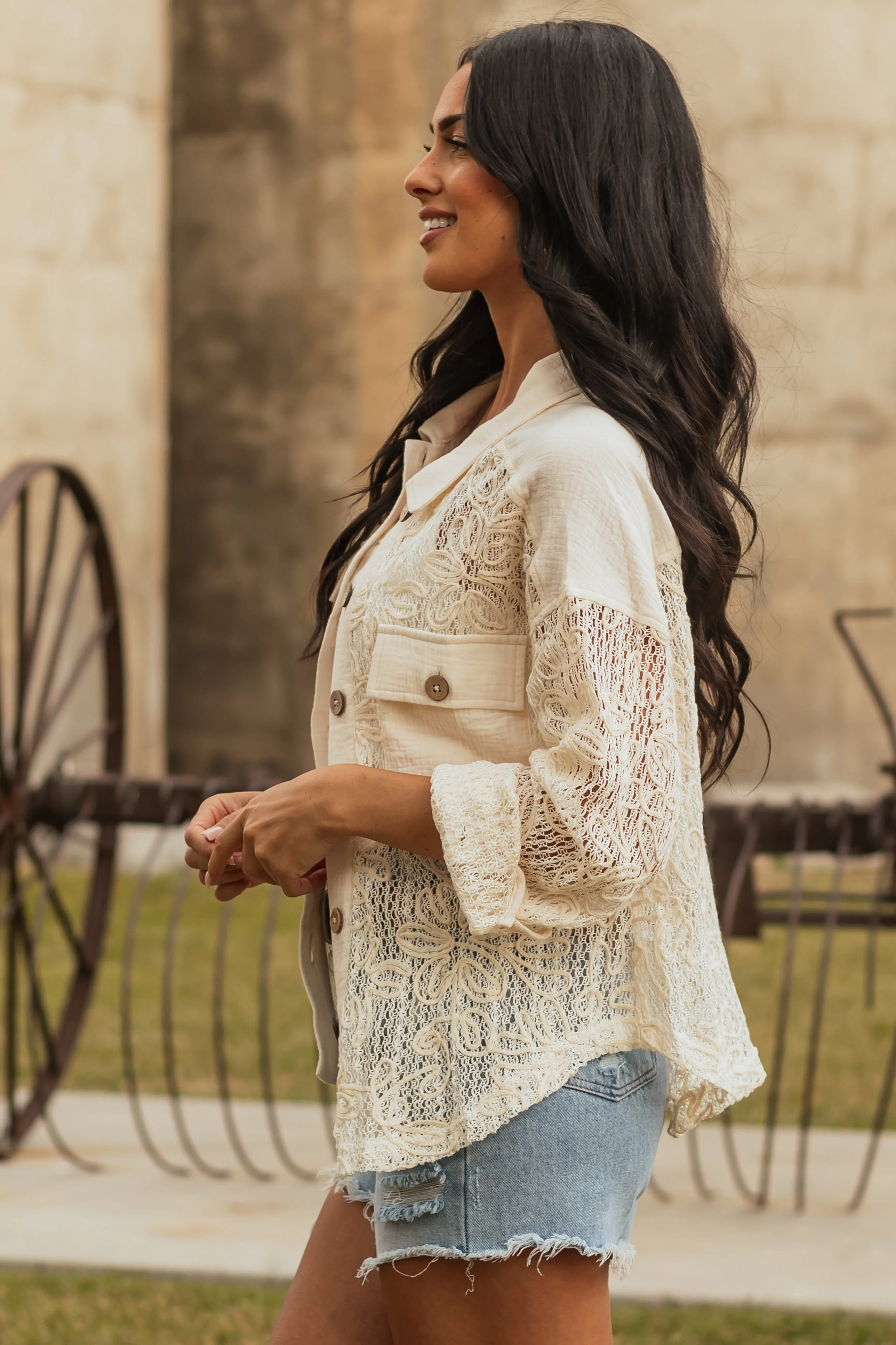 Cream 3D Floral Button Down Open Knit Shacket sold by Lime Lush product image thumbnail 4