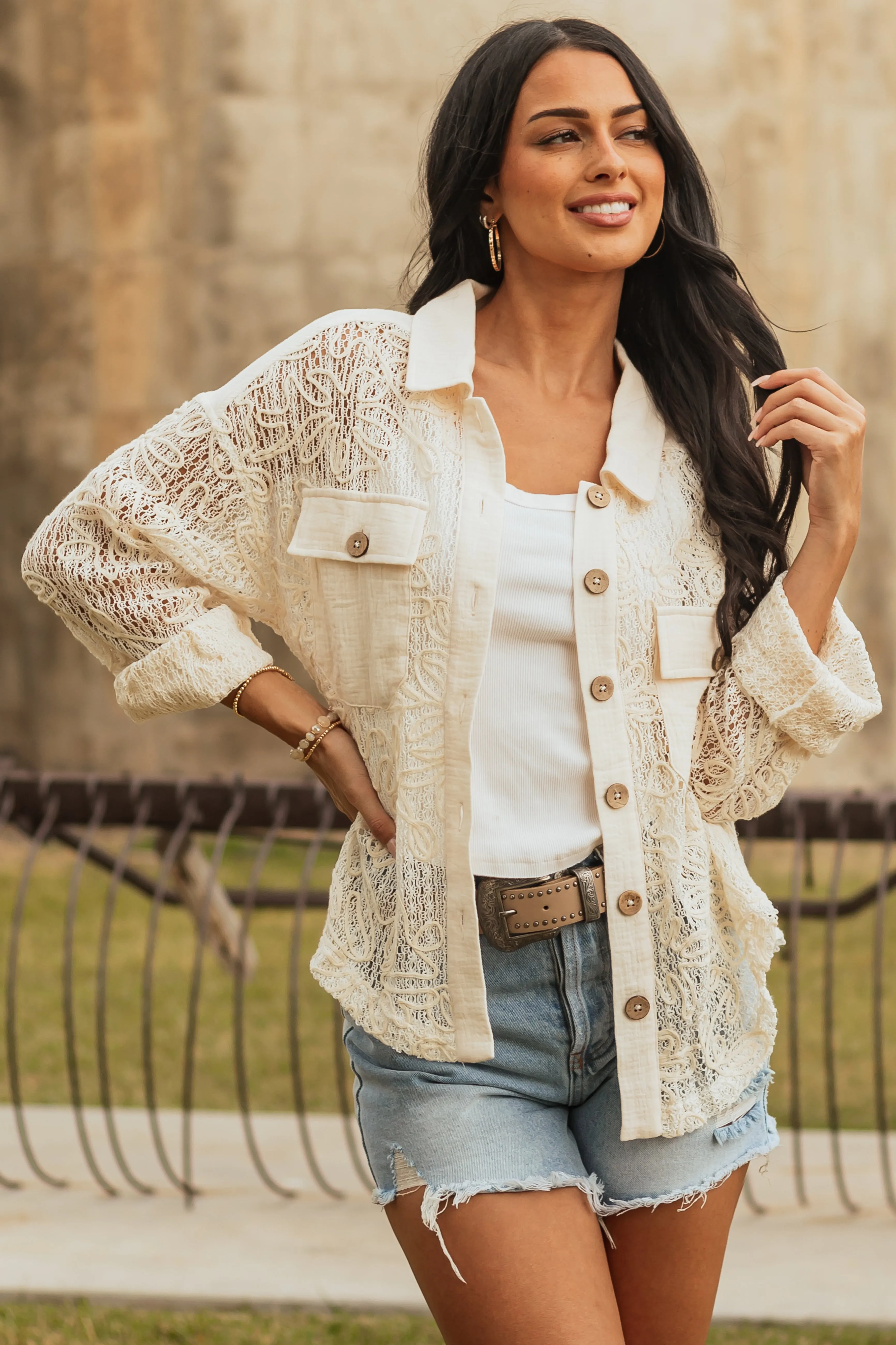 Cream 3D Floral Button Down Open Knit Shacket sold by Lime Lush