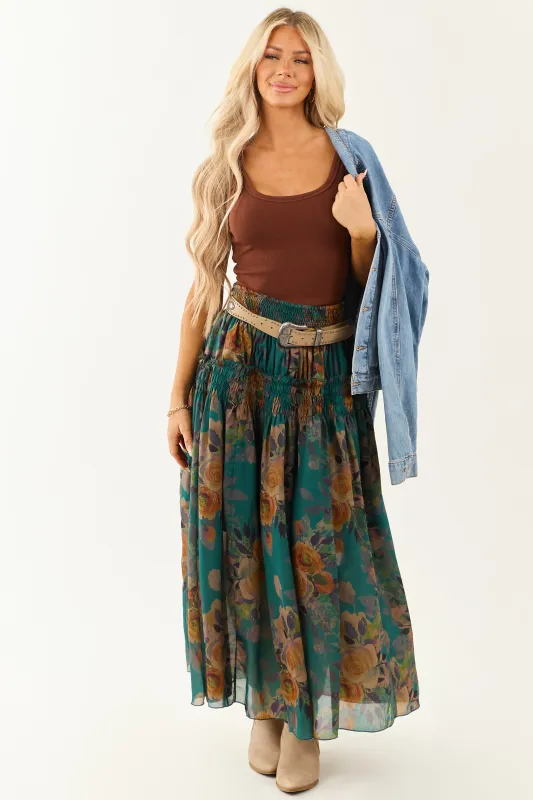 Pine Floral Print Smocked Waist Maxi Skirt made by Promesa