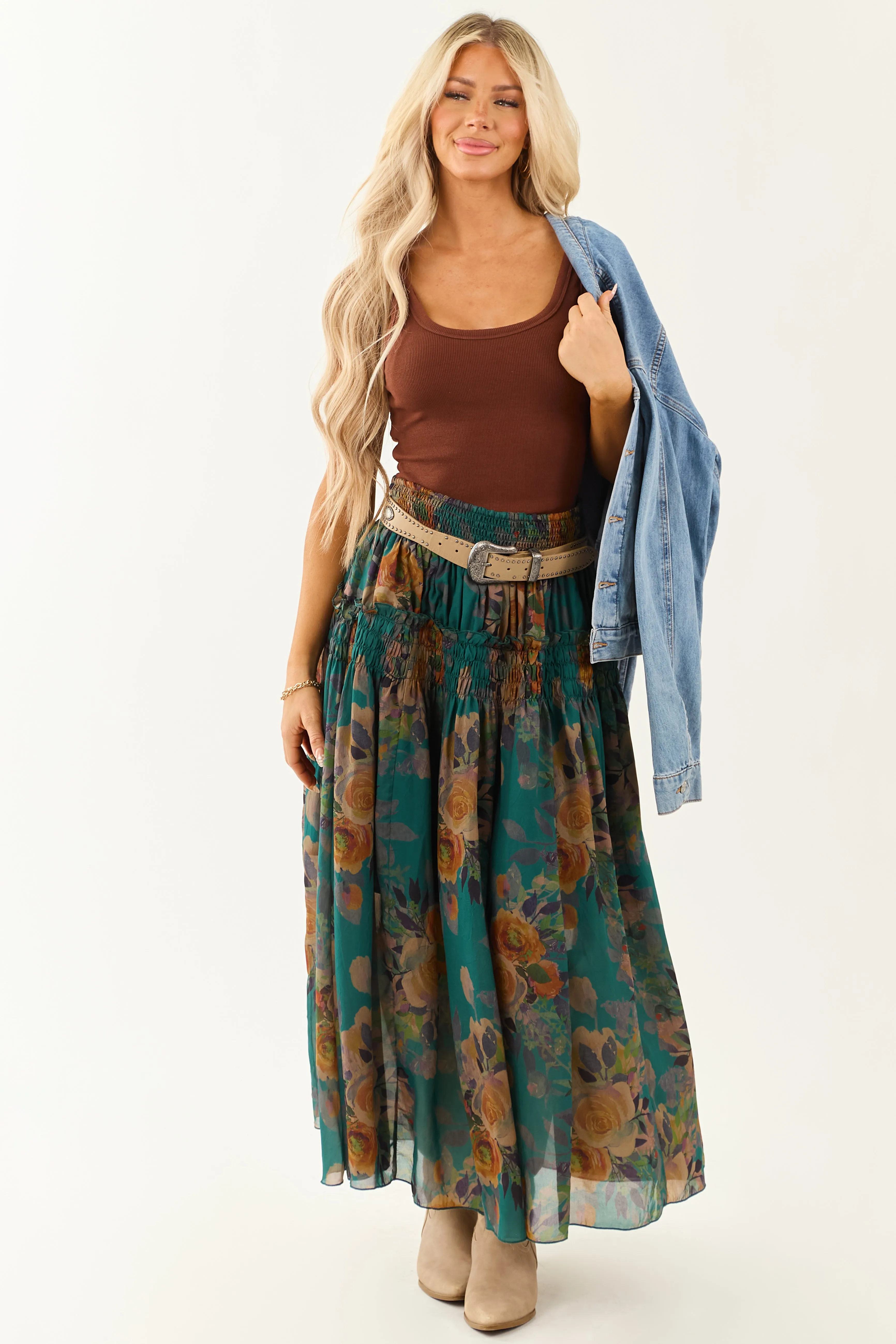 Pine Floral Print Smocked Waist Maxi Skirt sold by Lime Lush