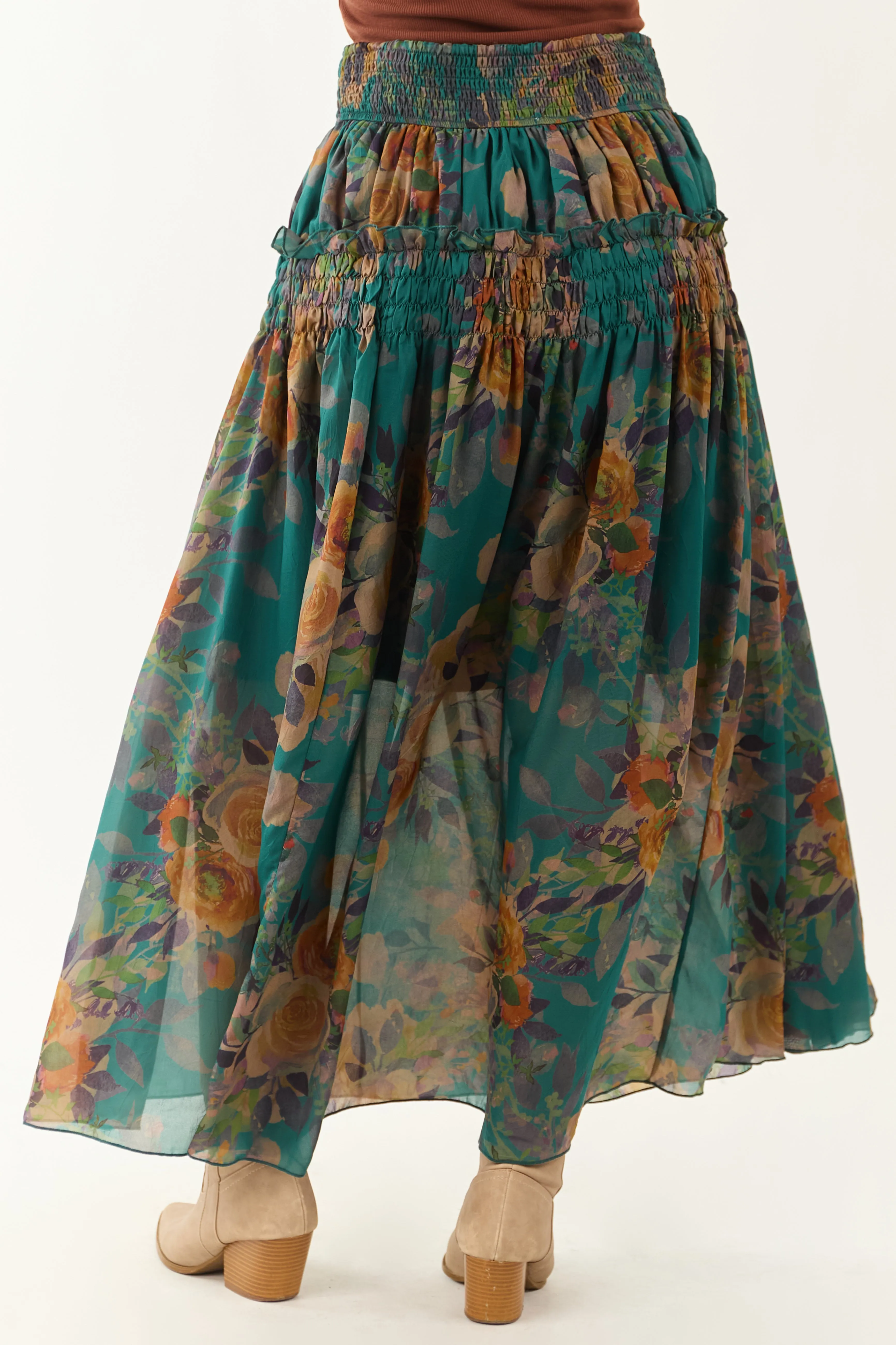 Pine Floral Print Smocked Waist Maxi Skirt sold by Lime Lush product image thumbnail 4