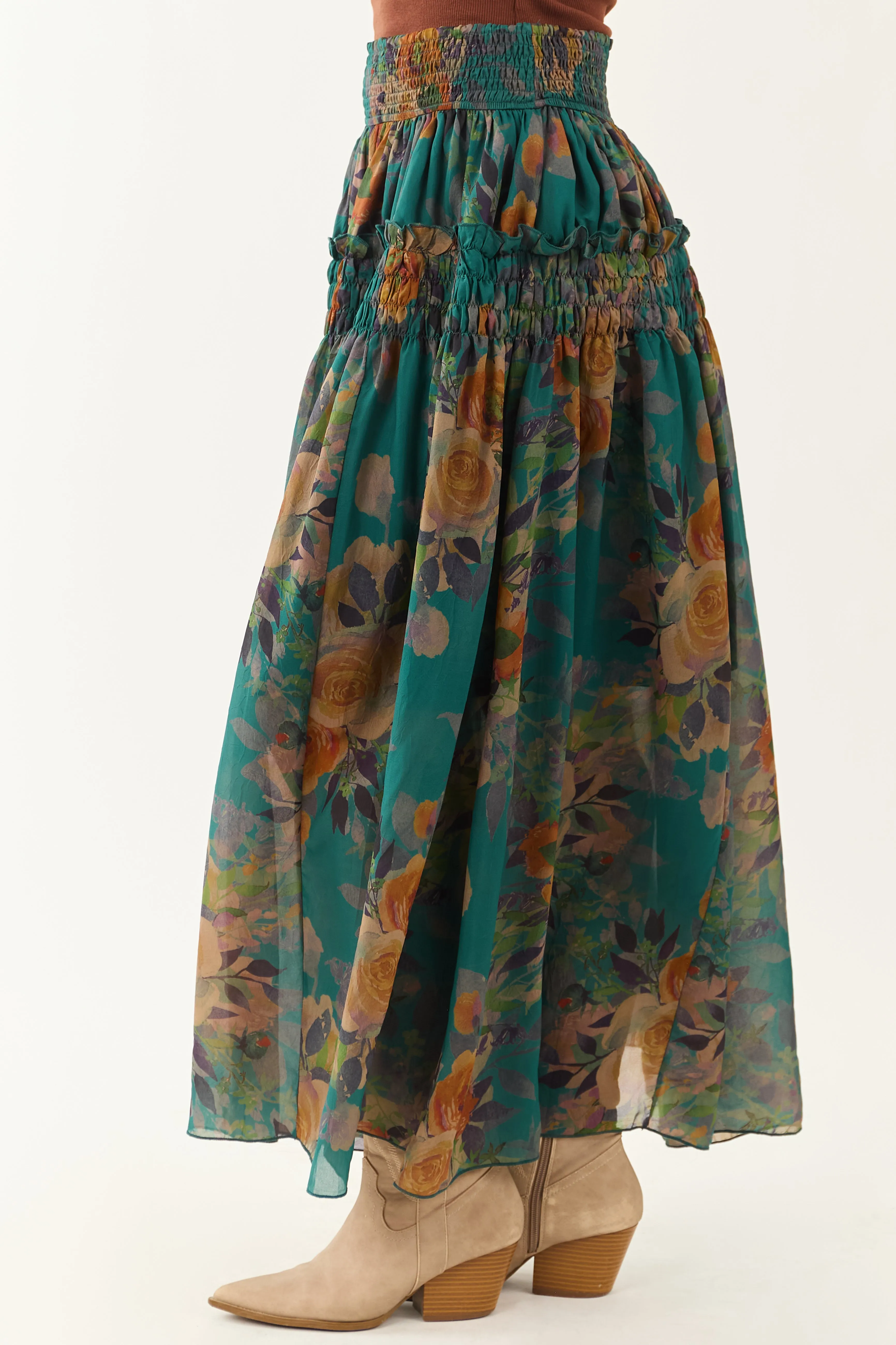 Pine Floral Print Smocked Waist Maxi Skirt sold by Lime Lush product image thumbnail 3