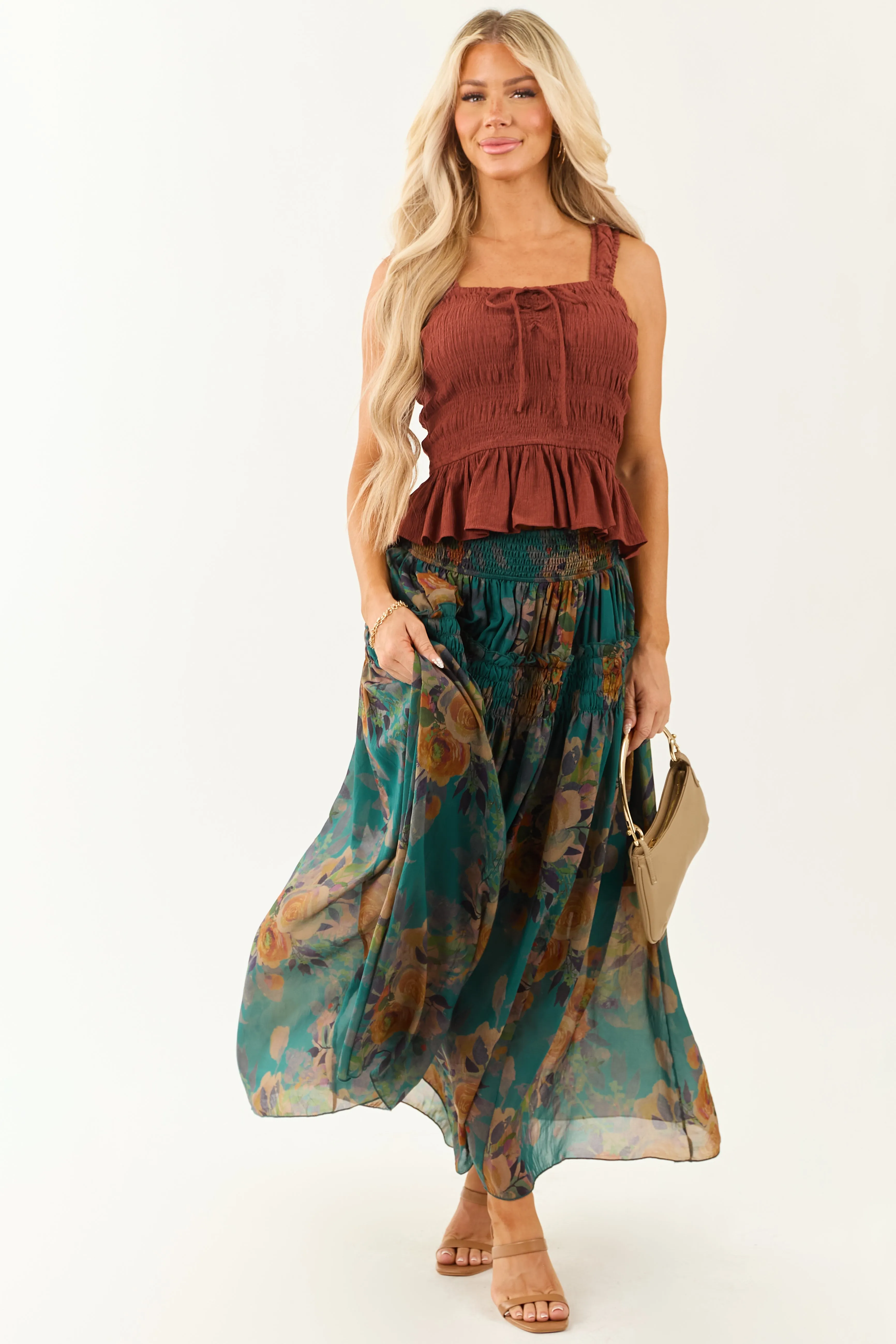 Pine Floral Print Smocked Waist Maxi Skirt sold by Lime Lush product image thumbnail 5