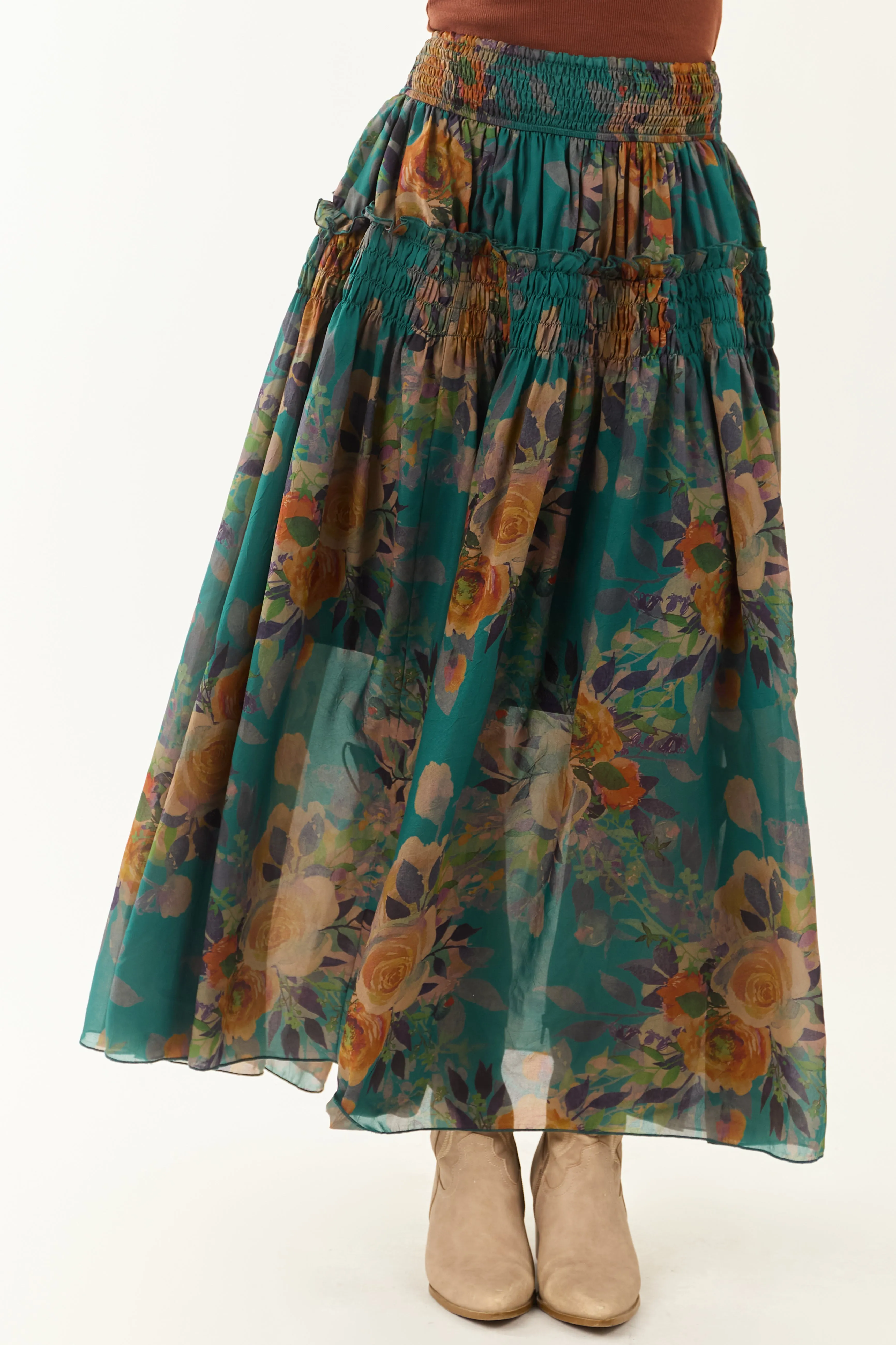 Pine Floral Print Smocked Waist Maxi Skirt sold by Lime Lush product image thumbnail 2