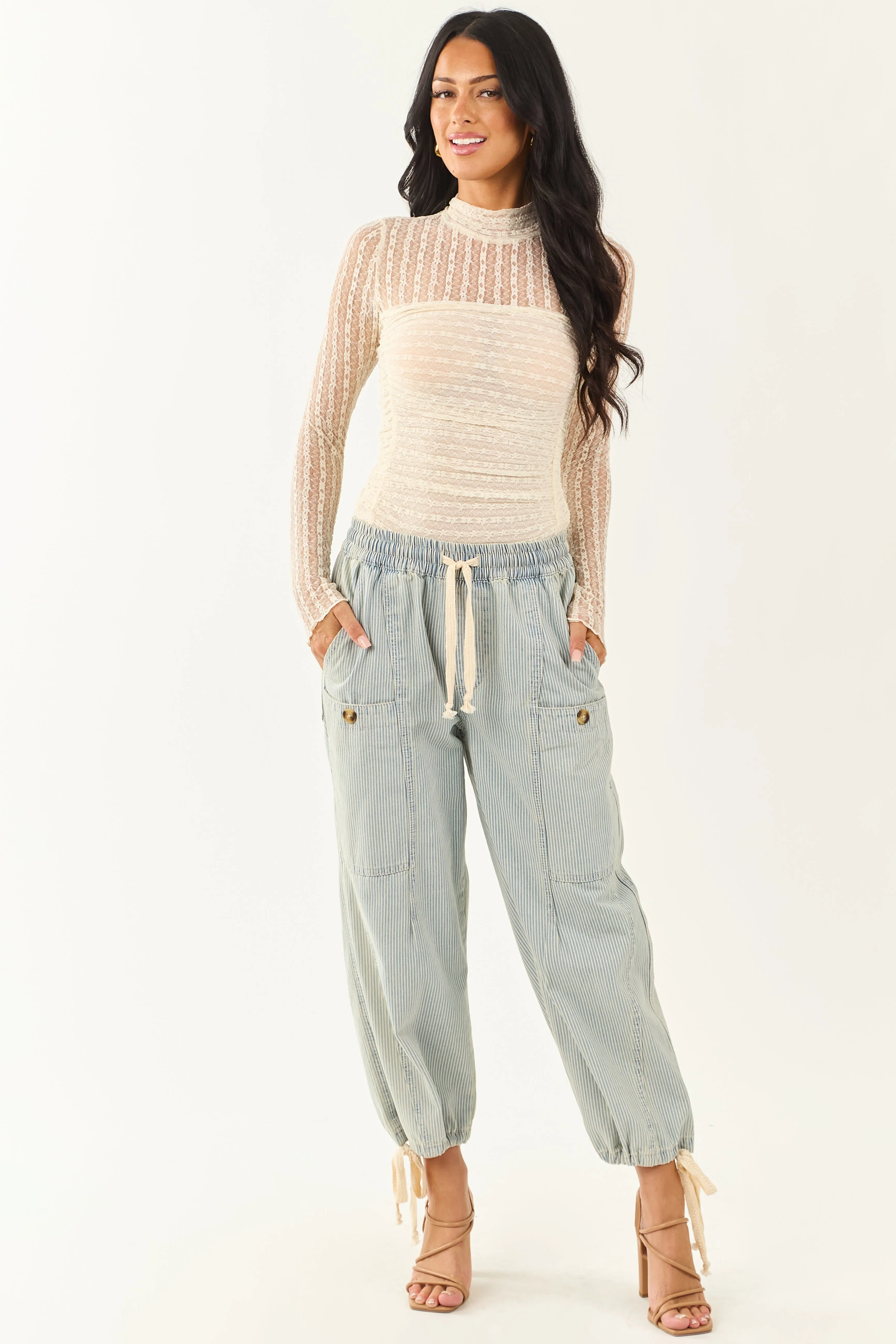 Cream Mesh Lace Ruched Long Sleeve Bodysuit sold by Lime Lush product image thumbnail 2