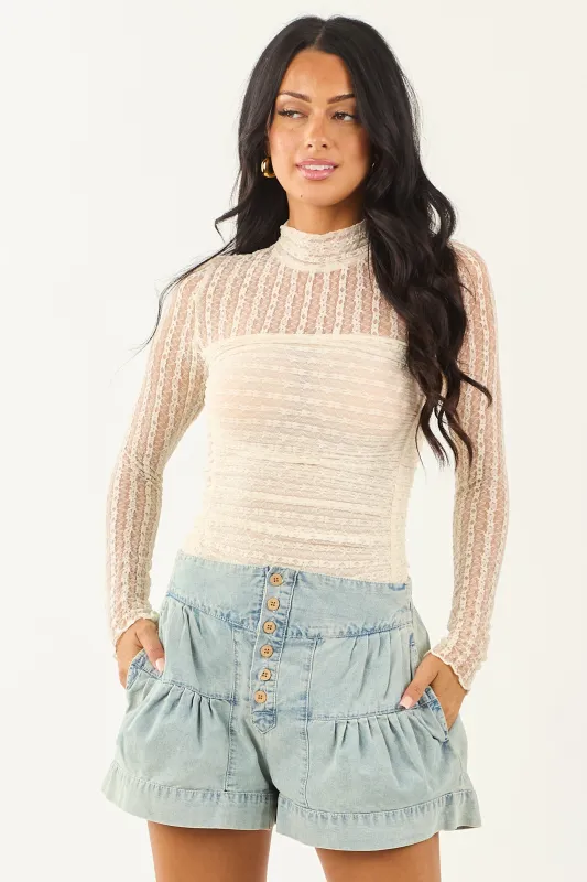 Cream Mesh Lace Ruched Long Sleeve Bodysuit sold by Lime Lush