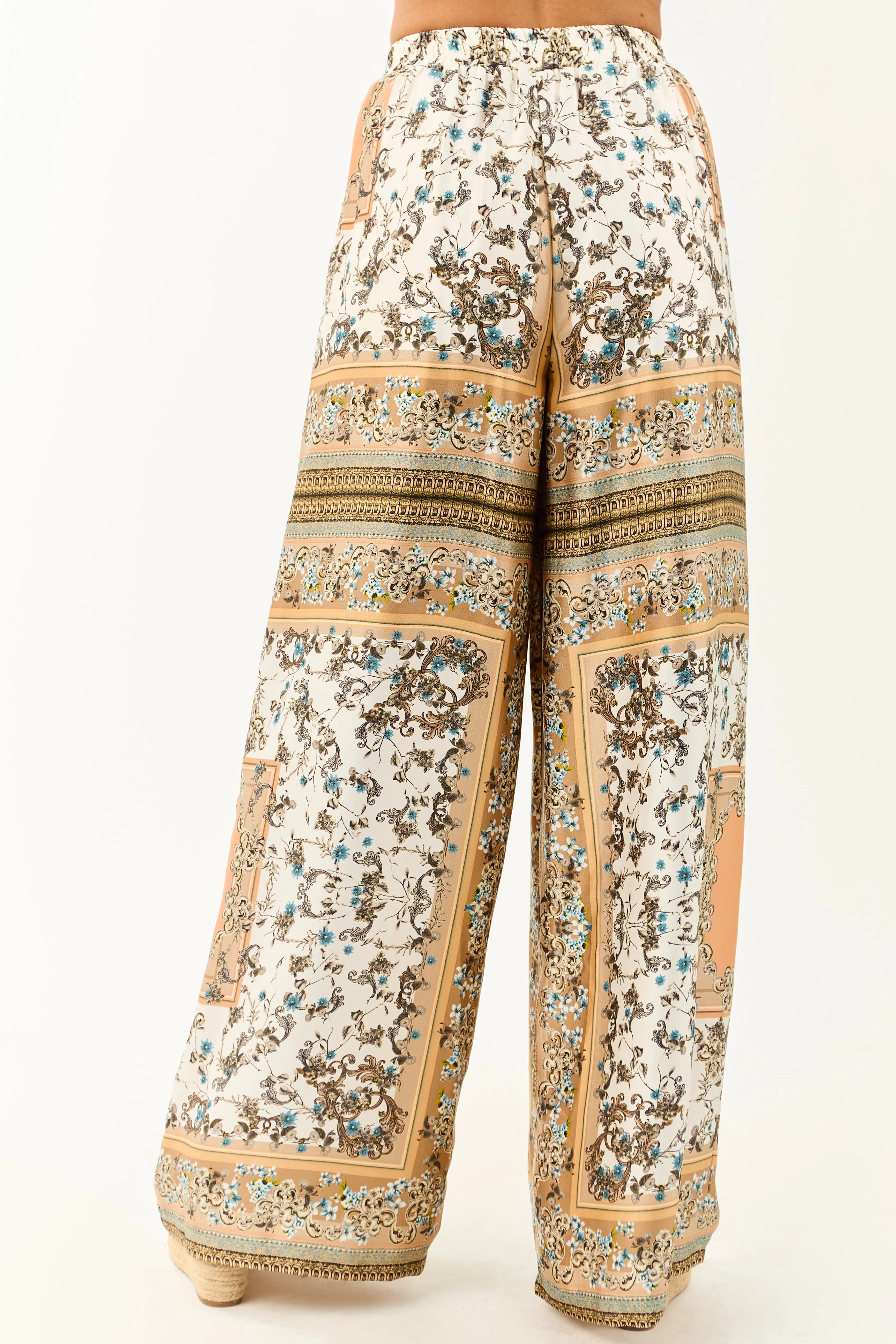 Ivory Scarf Print Satin Flowy Wide Leg Pants sold by Lime Lush product image thumbnail 4