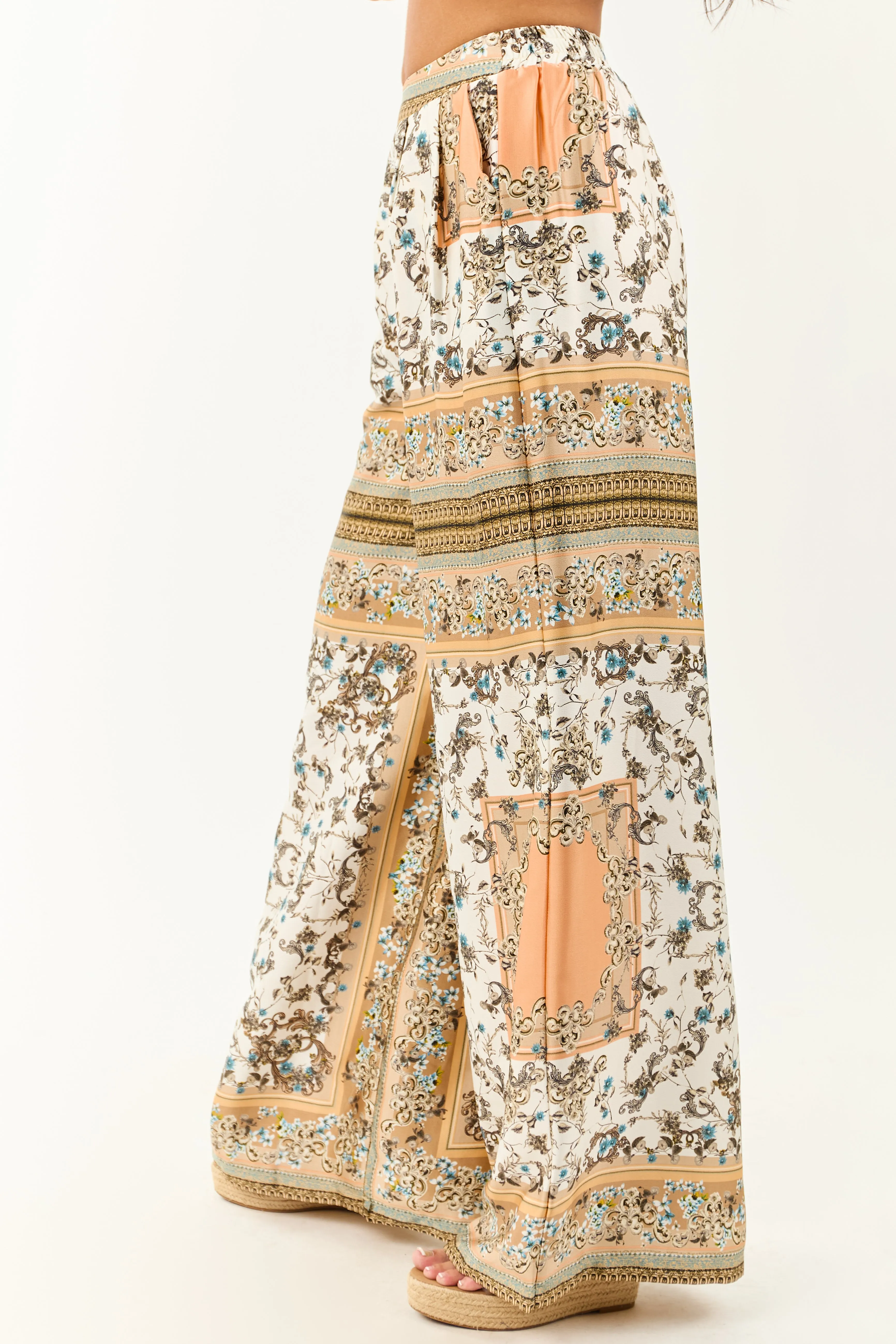 Ivory Scarf Print Satin Flowy Wide Leg Pants sold by Lime Lush product image thumbnail 3